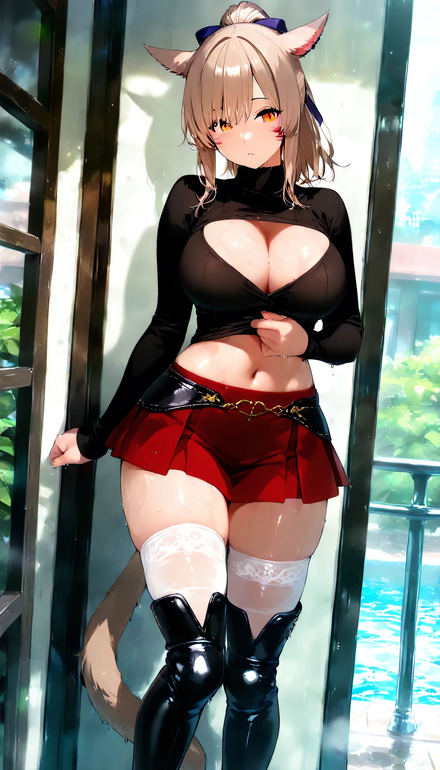 Light skin, bob cut, cleavage, tied shirt, midriff, flashing red panties, short skirt, stockings, brown eyes, blonde