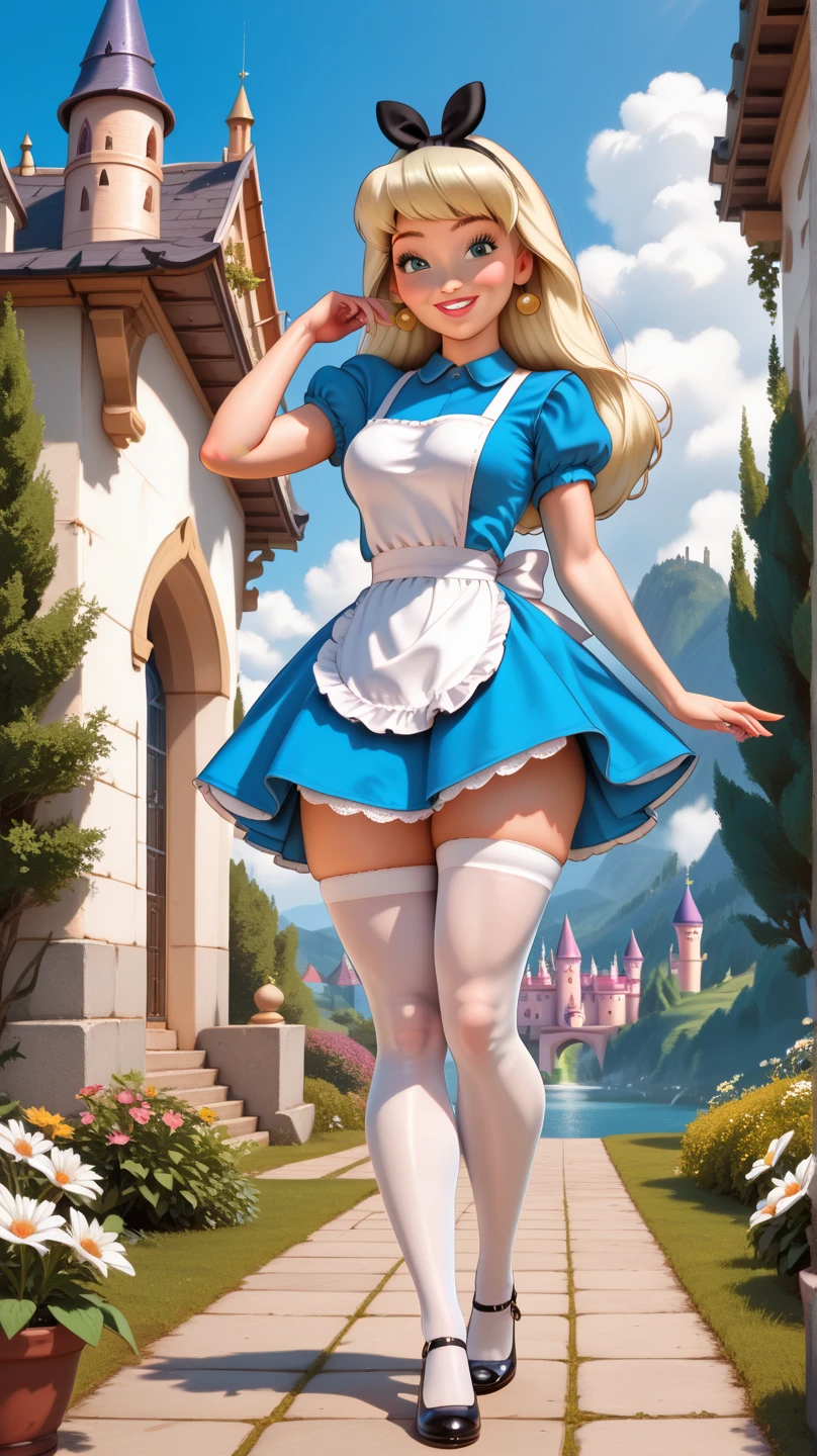 (masutepiece), (Best Quality), (Extremely detailed), alice liddell, Blue Dress, White Apron, black hairband, White long socks, Cute Pose,Katyusha、 Golden hair、In the flower garden, (((disney castle in background))), (Blue sky), (A clear day),3D Illustration, Good Highlights, Perfect proportions, Dynamic, Professional, awardwinning, (High detailed skin), (high detailed face), Photorealistic, nffsw, 超A high resolution, absurderes, Perfect body shape, cute smile face, Realistic figure, Sexy Posing, teaser standing, Perfect Breast、White panties,(My skirt is flying up in the wind.),(I can see panties:1.8)、(Panties that dig into the crotch:1.4),、(Lace pantie:1.3)、 Ultra-detailed panties