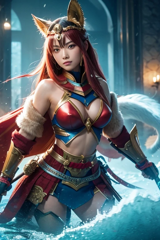 a princess with iridescent and vibrant red and blue mythical armor, swimming suite style armor, icy blue eye, cosmos hair, ancient temple background, milky way sky, exposing body