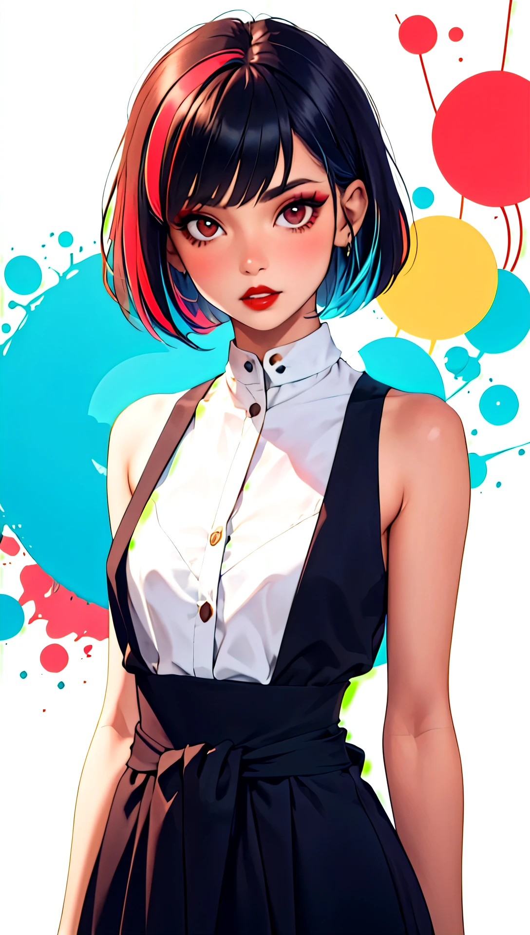 1girl, solo, above the waist shot, looking at viewer, white background, bob cut, short hair, multicolored hair, makeup, parted lips, red lips, eyeliner,