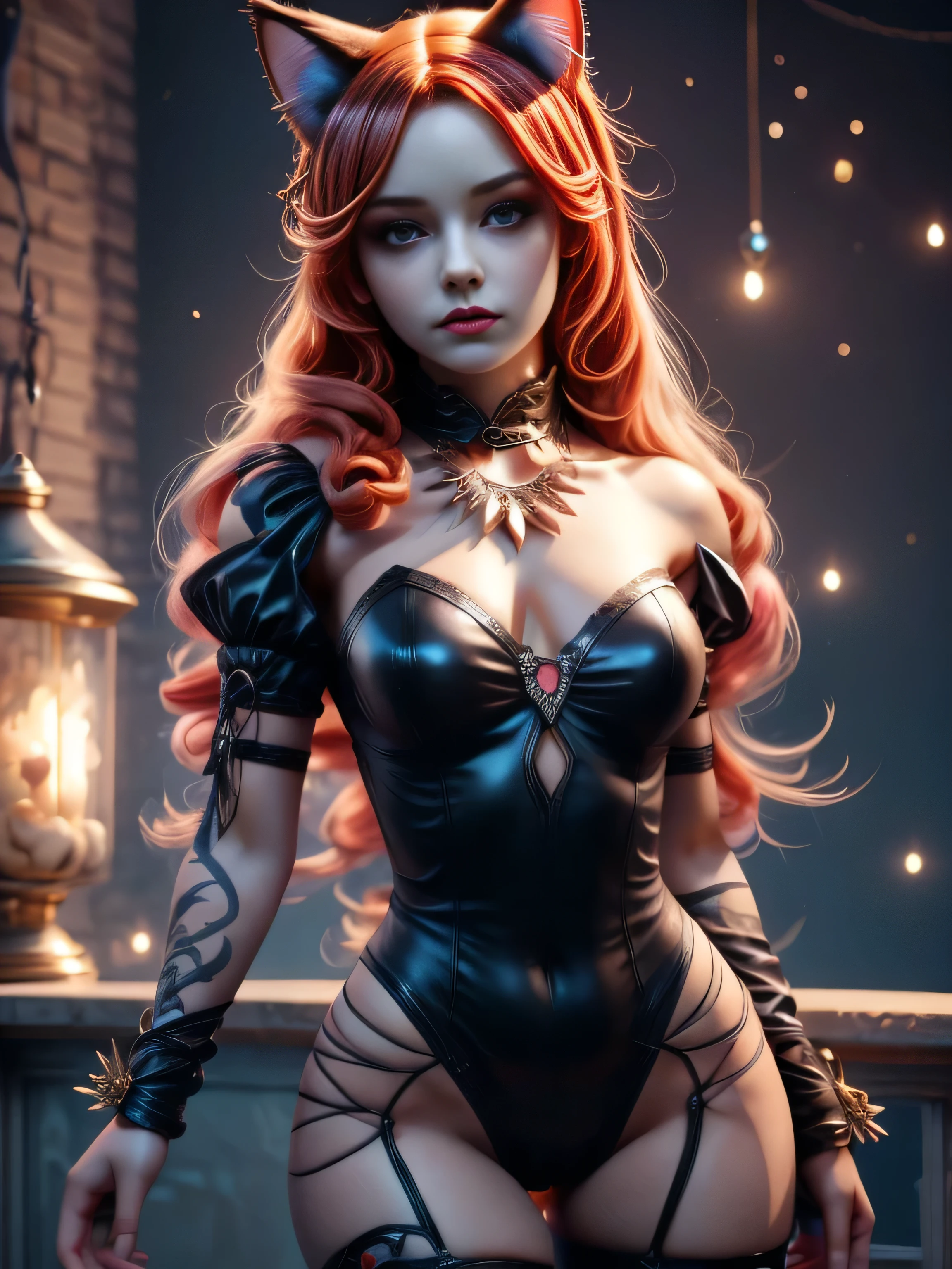 there is a doll with red hair and a cat ears, full body of a goth catgirl, dollpunk, artdoll, [ trending on cgsociety ]!!, beautiful young catgirl, wlop loish and clamp style, cgsociety ), cgsociety - w 1 0 2 4 - n 8 - i, cgsociety 9, bjd, cgsociety