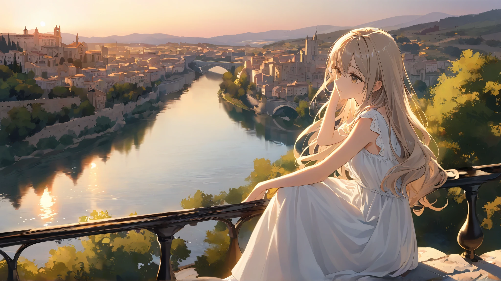 "A serene evening view of a historic European city, inspired by Toledo, Spain, with golden-hour sunlight casting warm tones over the cityscape. A young girl with long, flowing hair, dressed in a light and casual outfit (e.g., a white summer dress), sits on a stone wall or railing in the foreground, gazing thoughtfully over the city and the winding river. The scene captures a tranquil and nostalgic mood, emphasizing the blend of nature, history, and quiet reflection. Include soft details in her posture and hair to create a sense of movement in the gentle breeze."