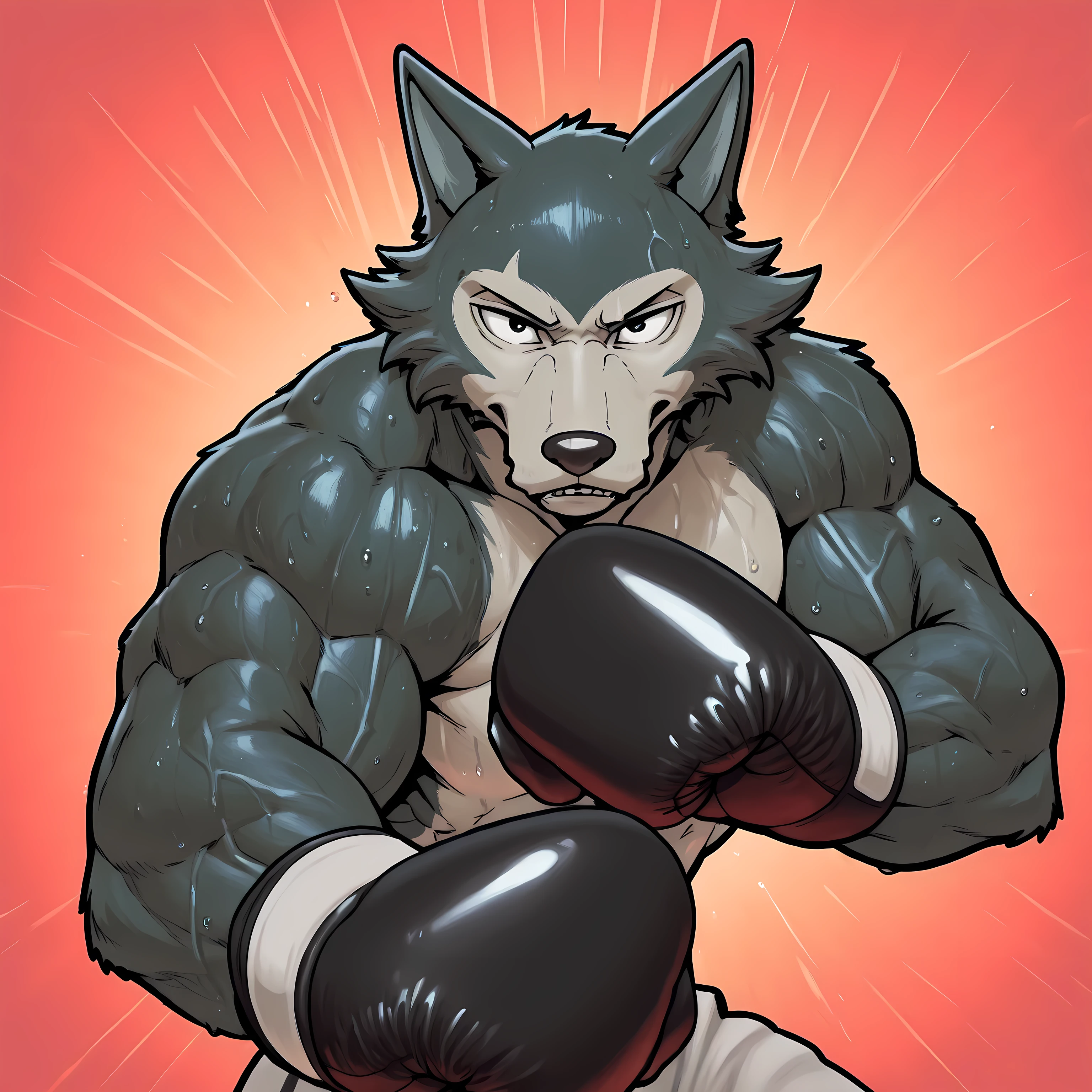 l3gosh1, beastars, male, solo, wolf, muscular, athletic, masculine, (small eyes), flat color, boxing_gloves, boxing_trunks, simple background, sweaty body, veiny arms, bulging muscles, boxing stance, dynamic pose, boxing, (black outline), (speedlines), boxing_pov,