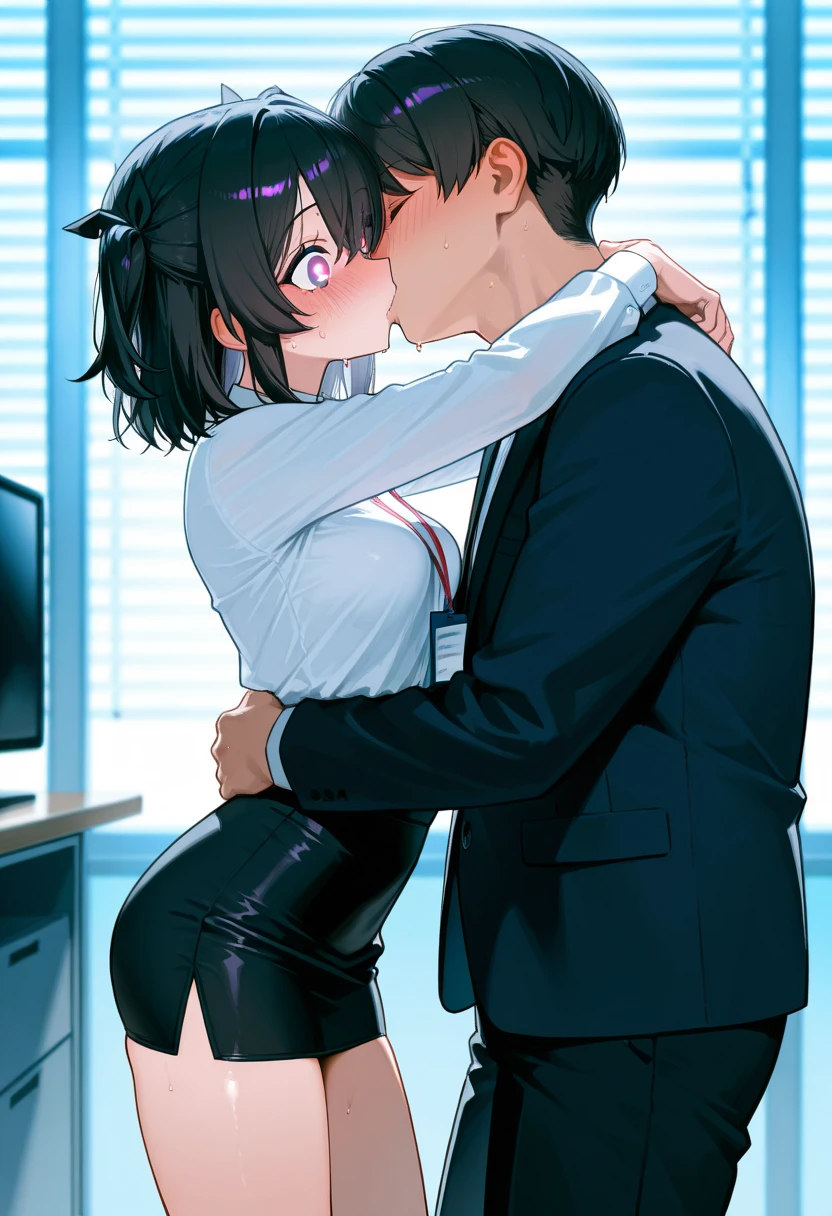 Standing, Reluctant, Running away, Having trouble, Being caught, Green eyes, Wearing a hot pink polo shirt, Black trousers, Adult woman wearing glasses, The exact number of fingers、 Exact number of legs、Exact number of arms、, Short hair Black hair, (blush:1), (Small breasts:1),highest quality, High resolution,Highly detailed face, Extremely detailed CG, (Perfect hands, Perfect Anatomy),Hospital, examination room, dynamic angle, forced kiss, hug, deep kiss, lots of drool, sexual harassment, humiliation