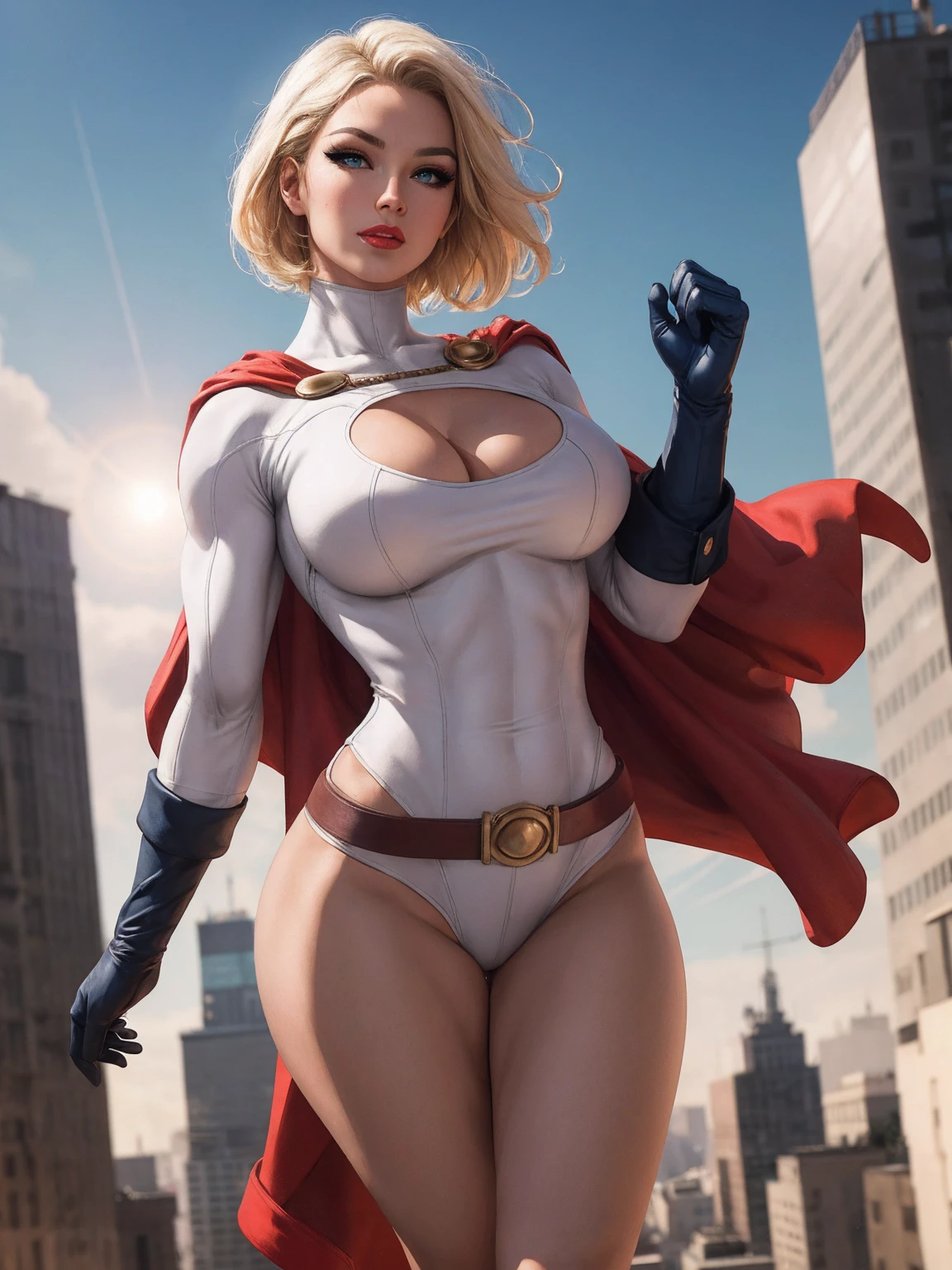 Supergirl, Very detailed, rosto detalhado, Perfect and symmetrical body proportions, 4k, imagem ultra realista, super sexy, plus size with symmetrical and perfect body, peitos grandes, seios grandes, com decote, Cabelos Longos, cinematographic scene, great lighting, cabelos amarelos, Foto real, foto de dia, foto de 38 anos, cabelos amarelos, Cinematic city in the background, Visible Buddha, pubic bone, Visible, transparente.