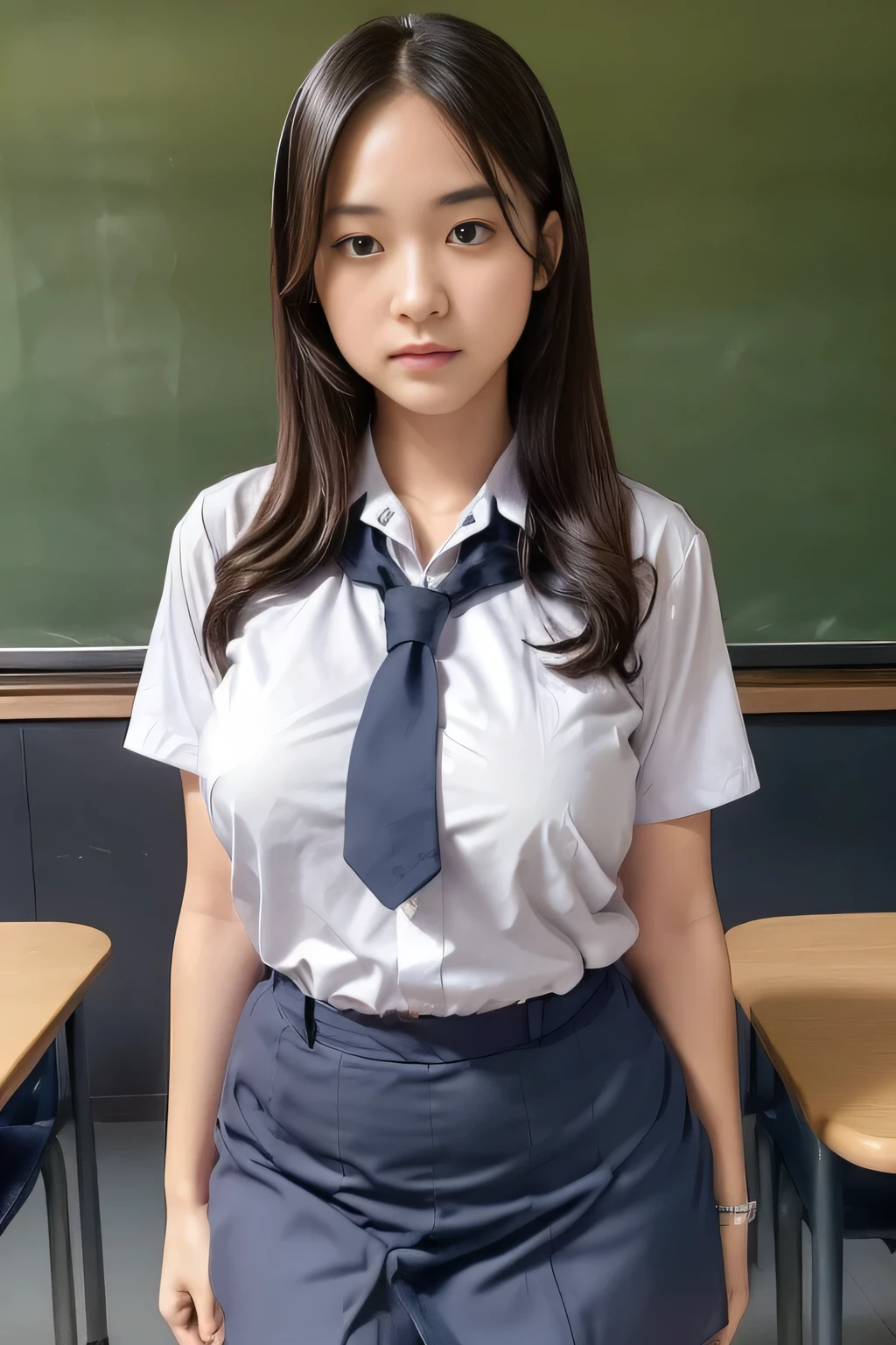 (Clothes accentuate the shape of the breasts:1.8),(pert boobs:1.4),(tight sailor,tight skirt,slim waist:1.4),(plump big breasts,emaciated:1.6),(tall stature,175cm tall,scrawy:1.4),leggy,Browsing Caution,Highest quality,Ultra-high resolution,1 person,whole body,Black hair, cool expression,Looking into the camera,Beautiful and elaborate face,Fine and beautiful skin,Skin Texture,high school student,uniform,Checked mini skirt,Classroom after school,Standing pose