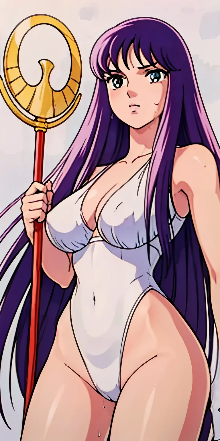 1 Female,High definition,high resolution,Ultra-realistic,8K,ta1,s40r1k1d0,standing, solo, large_breasts, standing,masterpiece, best quality, detailed face, detailed eyes, highres,European,sexy,Photographed from the front,Dynamic Angles,blush, (big tits),(cleavage),cute face, facial, sweat, perfect face, perfect body,(wide thighs:1.3),cute face,(upper body),(holding a scepter),(white background),angry,((nipples))