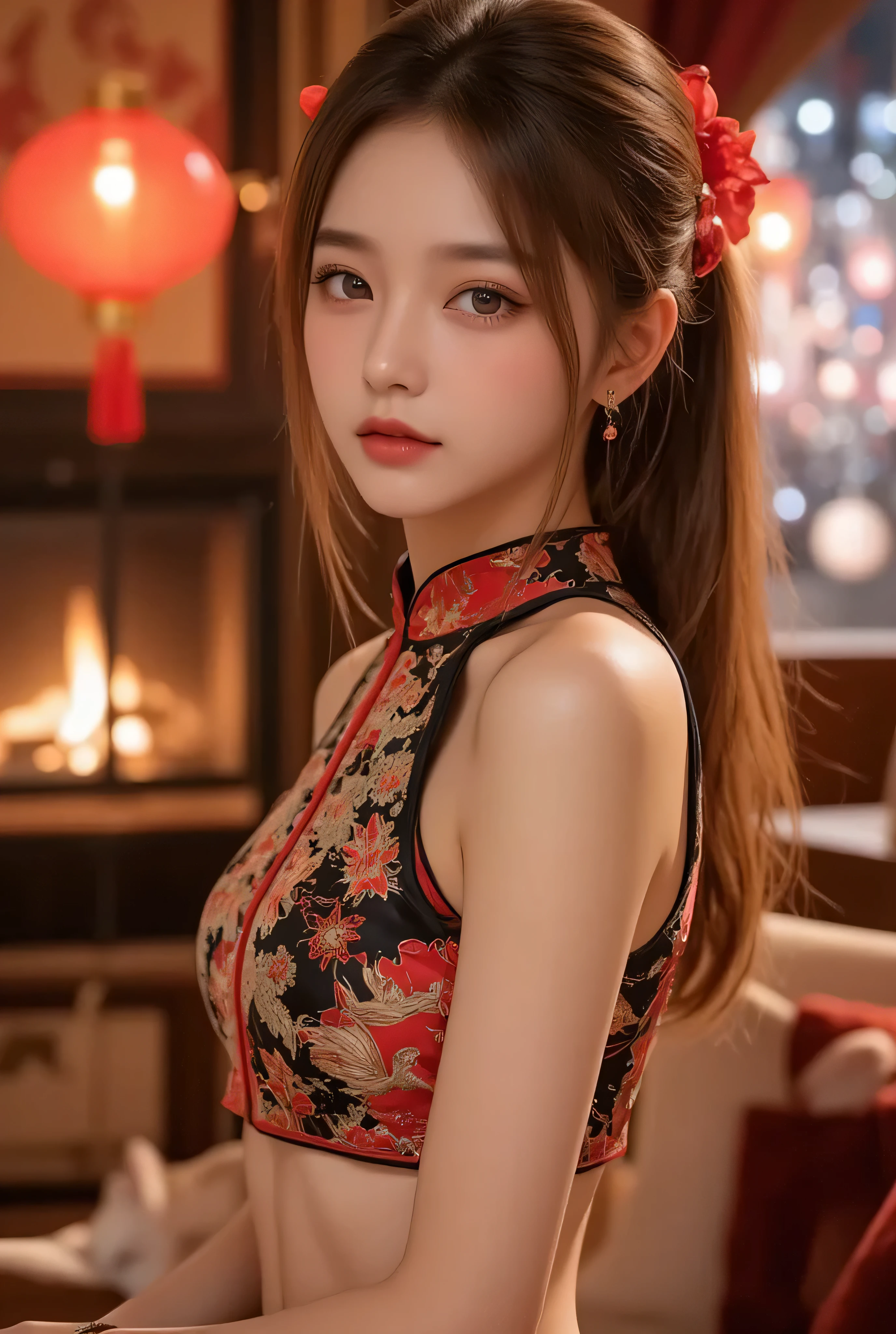 A close-up, head-and-shoulders portrait of a beautiful Korean idol with fine facial features and a ponytail, wearing a red-black-gold short cheongsam with some black-transparent sections, adorned with intricate gold or silver phoenix and floral embroidery. She stands gracefully in a warmly lit room featuring a vintage fireplace and traditional Chinese New Year decorations, including vibrant red lanterns, decorative calligraphy scrolls, a small Chinese orange tree with golden ornaments, and several red envelopes scattered across the floor and hanging from the tree. Adorable, playful cats are part of the scene—some sitting near the tree, others curiously pawing at the red envelopes or lounging around. Through a window or an open door in the background, vibrant Chinese fireworks light up the night sky in an array of reds, golds, and blues, casting a magical glow into the room. The idol’s outfit is complemented by subtle accessories like red hairpins or earrings and a few pretty Chinese hair accessories, along with pink lipstick, enhancing her festive look. The atmosphere is warm and lively, filled with the joyful essence of the celebration, highlighted by dramatic, chiaroscuro lighting, deep contrast, pleasant colors, and intricate, elaborate patterns, creating a super-detailed, realistic 8K cinematic composition.
