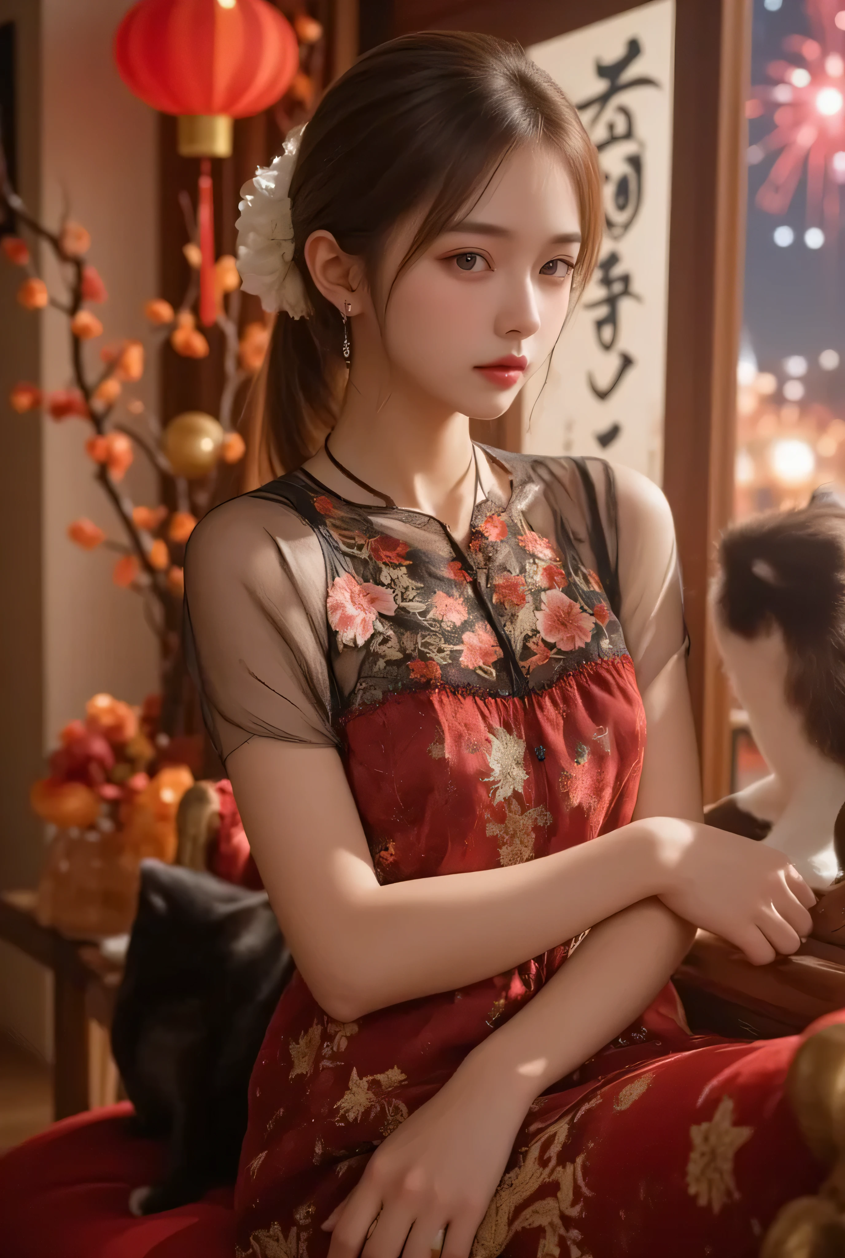 Cat ears、 face up、attractive, pretty girl, ponytail、 (( fine facial features , eroticism)), dramatic lighting , realistic , 8k, Dramatic Shadows , intricate and elaborate patterns , super detailed photo , chiaroscuro lighting , Pleasant colors , deep contrast , super real 、few pretty chinese girl hair accessories, pink lipstick、 warm room、Vintage Fireplace 、 cinematic composition、Close-up of face, A beautiful Korean idol wearing a red-black-gold some part black-transparance sexy short cheongsam with golden or silver intricate floral embroidery, standing gracefully in a room filled with traditional Chinese New Year decorations. The room features vibrant red lanterns, decorative calligraphy scrolls, a small Chinese orange tree with golden ornaments, and several red envelopes scattered across the floor and hanging from the tree. Adorable, playful cats are part of the scene—some sitting near the tree, others curiously pawing at the red envelopes or lounging around. Through a window or an open door in the background, vibrant Chinese fireworks light up the night sky in an array of reds, golds, and blues, casting a magical glow into the room. The idol’s outfit is paired with subtle accessories like red hairpins or earrings, complementing the festive look. The atmosphere is warm and lively, filled with the joyful essence of the celebration, enhanced by the shimmering lights of the fireworks and the lively decor.