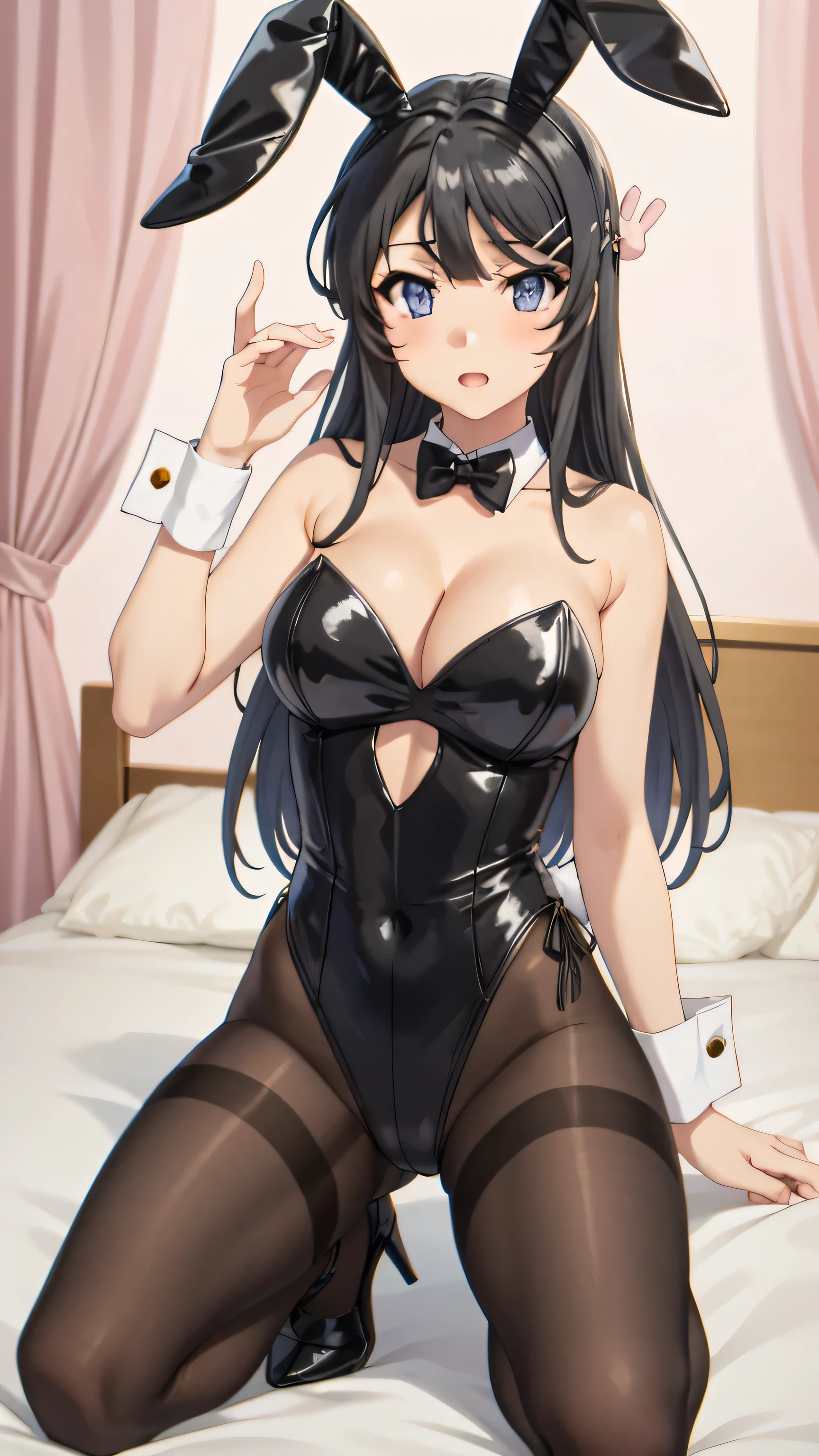 1 girl, game CG,((playboy、Bunny girl、Bunny ears、pantyhose、Wear heels)),((big breasts)), black hair, long hair, straight hair,  black eye, ((Pose with one leg raised)), white background,((Smiling expression))