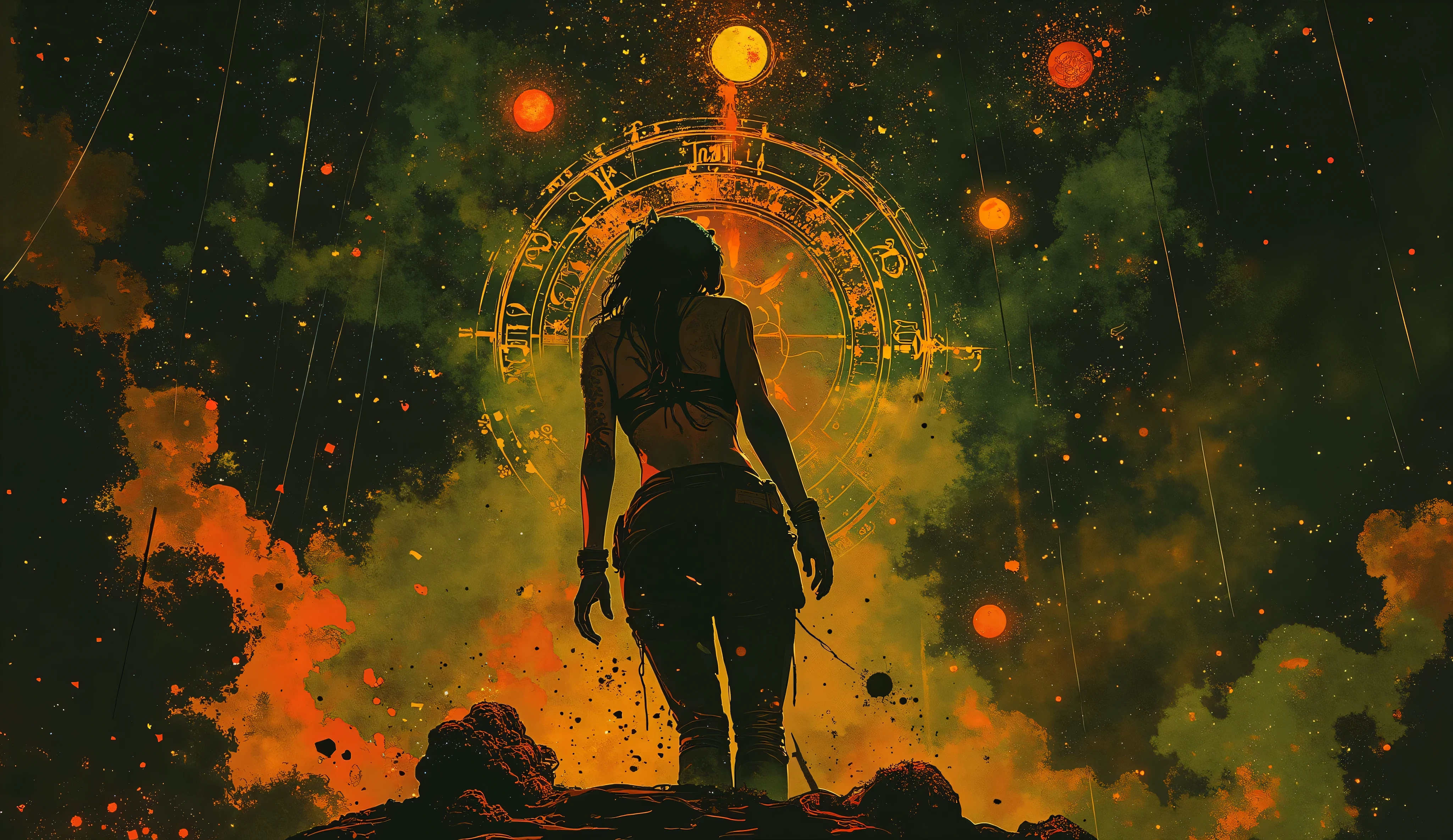 Dreamlike digital painting of a powerful gypsy seer with piercing eyes and ornate headscarf, dramatically silhouetted against a massive glowing zodiac wheel suspended in a deep starry sky, intricate astrological symbols swirling with magical luminescence around her form