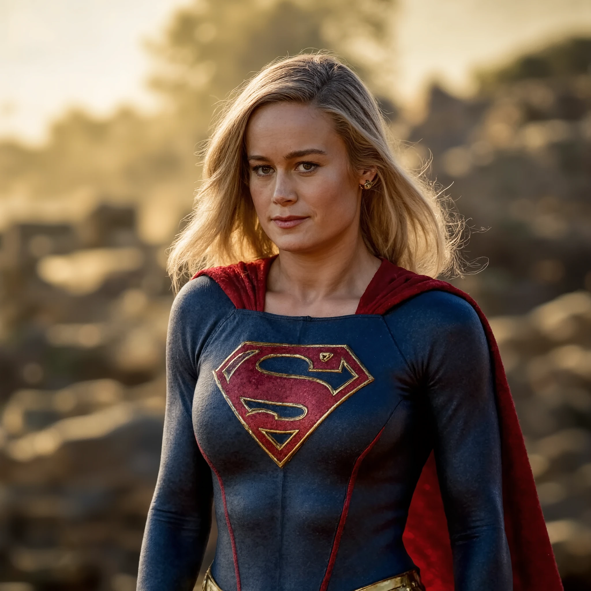 Brie Larson cosplay as SuperGirl hovering after a big fight raw photo,, cinematic shot, random action poses dynamic lighting, 75mm, Technicolor, Panavision, cinemascope, sharp focus, fine details, 8k, HDR, realism, realistic, key visual, film still, cinematic color grading, depth of field