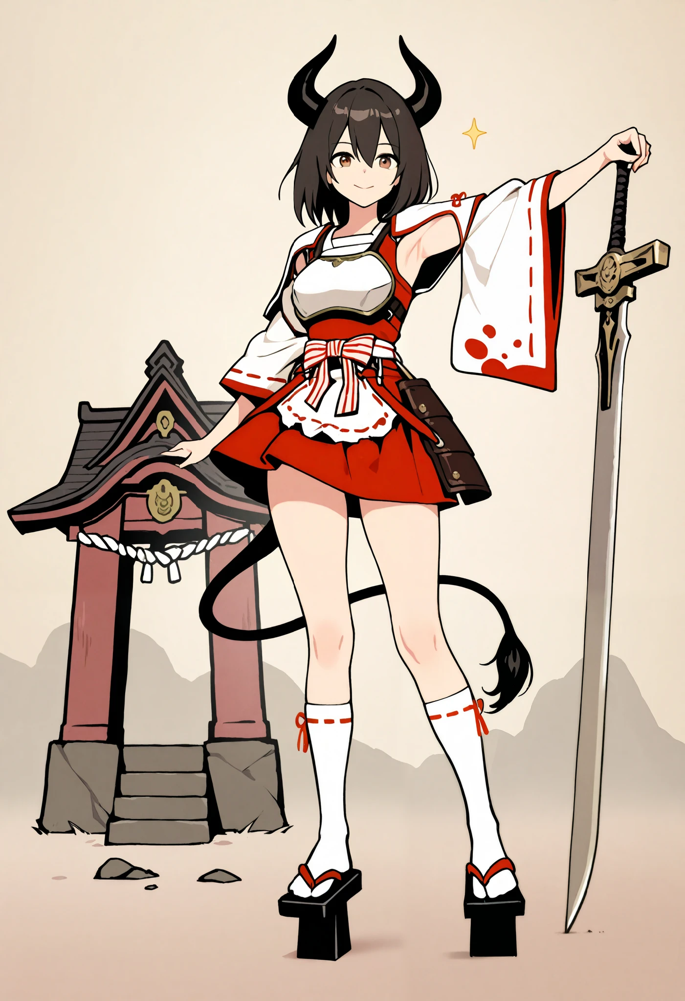 High Quality ,masterpiece, One Girl,Alone, Japanese-style fantasy, Western Armor and Shrine Maiden Outfit , Girl with Cow Characteristics ,Black Horn,Cow's tail,High Geta, Miniskirt with Broken Armpits , Remodeled Shrine Maiden Suit ,Broken Sleeves , Socks Up to the Thigh ,A gentle smile,Full body portrait,Picture with thick lines , analog style illustration, Flat Picture with Few Shadows ,Great Sword,