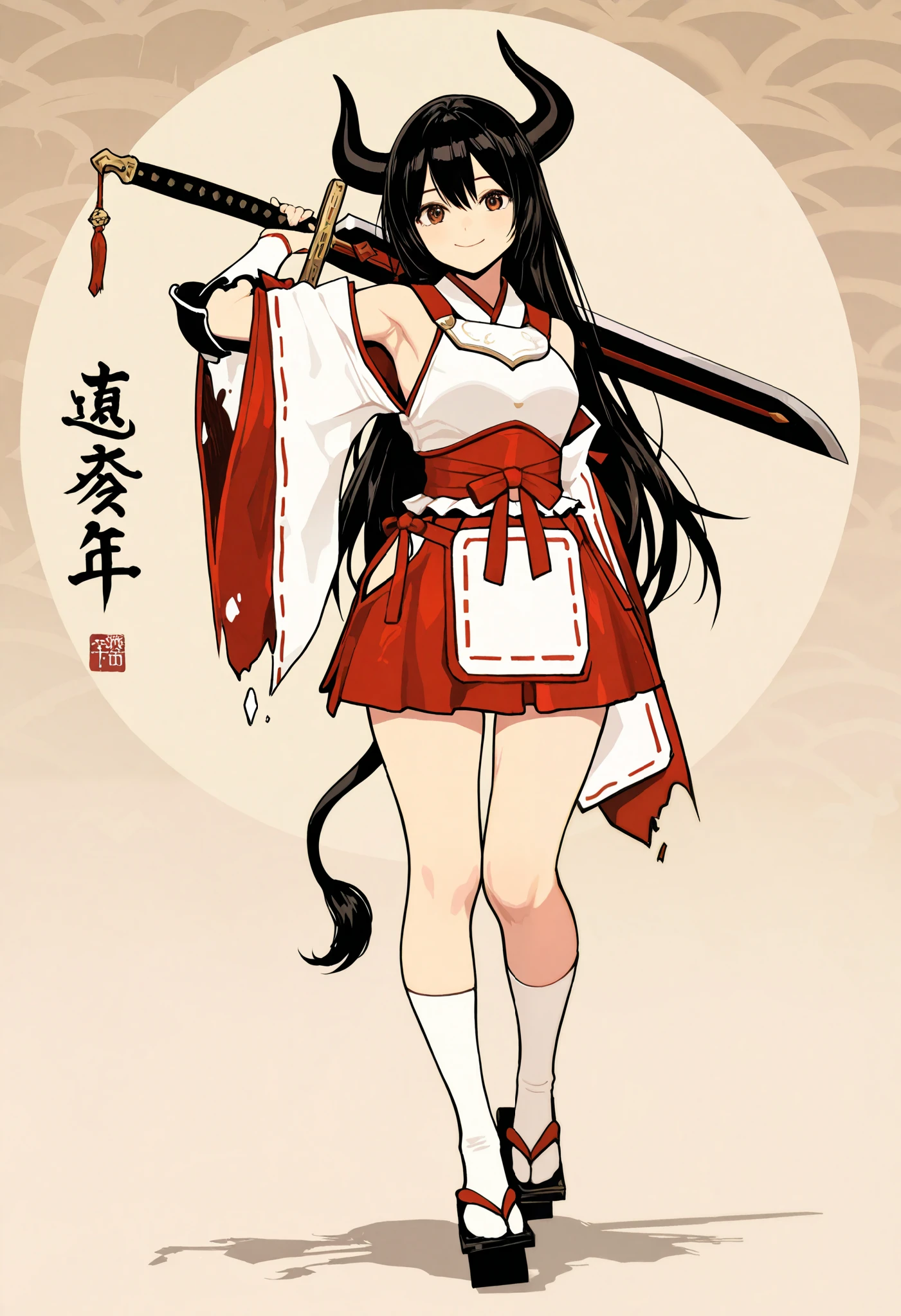 High Quality ,masterpiece, One Girl,Alone, Japanese-style fantasy, Western Armor and Shrine Maiden Outfit , Girl with Cow Characteristics ,Black Horn,Cow's tail,High Geta, Miniskirt with Broken Armpits , Remodeled Shrine Maiden Suit ,Broken Sleeves , Socks Up to the Thigh ,A gentle smile,Full body portrait,Picture with thick lines , analog style illustration, Flat Picture with Few Shadows ,Great Sword,
