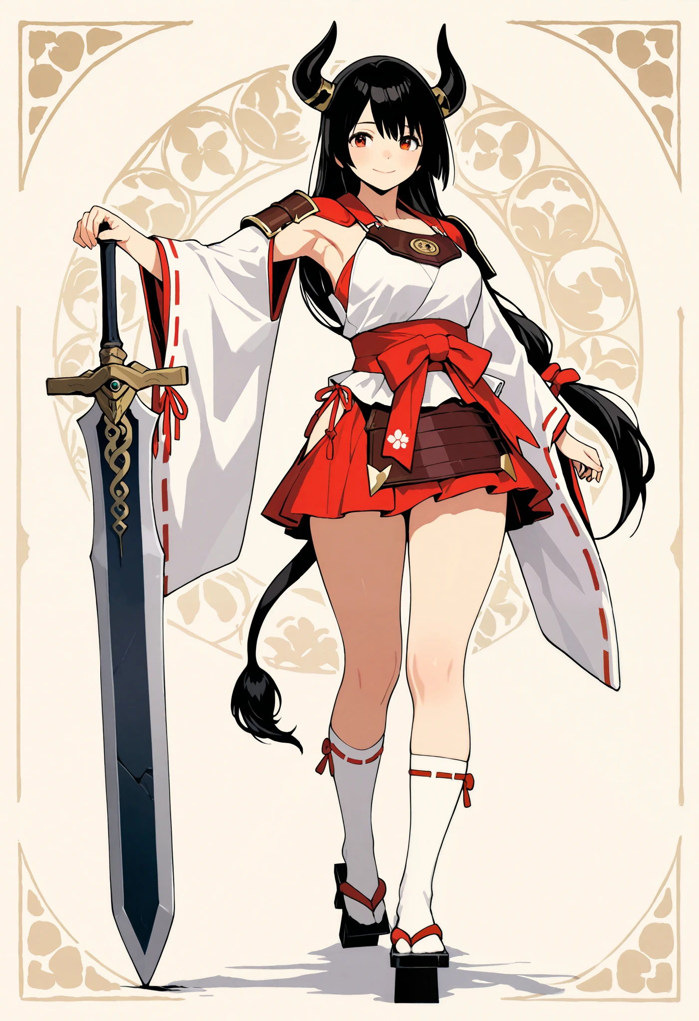 High Quality ,masterpiece, One Girl,Alone, Japanese-style fantasy, Western Armor and Shrine Maiden Outfit , Girl with Cow Characteristics ,Black Horn,Cow's tail,High Geta, Miniskirt with Broken Armpits , Remodeled Shrine Maiden Suit ,Broken Sleeves , Socks Up to the Thigh ,A gentle smile,Full body portrait,Picture with thick lines , analog style illustration, Flat Picture with Few Shadows ,Great Sword,