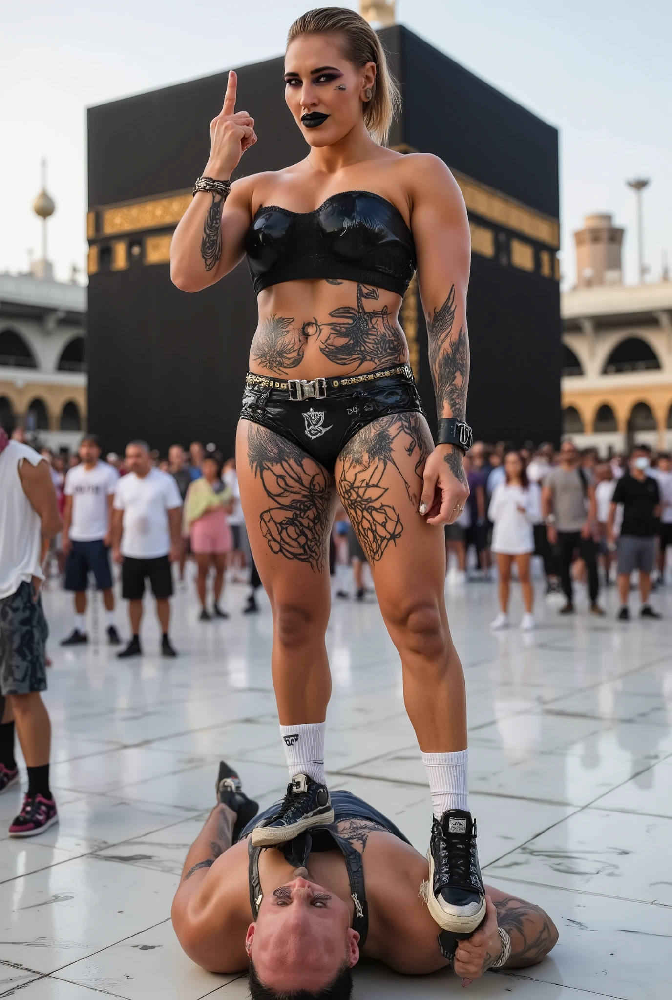 russian milf woman, grey hair (pouf, shaved sides and top bun and shaved sides) and wide colourful bandana as headband, with very light blue eyes, extremely pale skin. Oversized maxi sunglasses. Wearing cropped dark grey suede moto jacket with studded collar, lots of zippers and pins, black push up bra with white seams , skinny dark blue jeans with holes in knees and dirty white tennis sneakers . Studded Choker. Lots of metallic bracelets and collars. Tacky wide studded leather belt with oversized skull and bones buckle. Long bohemian earrings with feather. Kneeling like in a payer, looking at the camera, humble facial expression. Hands on her knees, showing off bracelets and rings. studded black leather tote bag with chains on the floor, next to her.. Listening in amazement to somebody speaking to her, toned six pack abdominals, thin neck, slim legs and thin arms. Tattoed heavily. Dirt street in Kenian village full of waste. A lot of tanned shirtless men in jeans around looking at her. next to her, all her belongings scattered on the floor: makeup kit, little makeup mirror, studded black leather tote bag, lipstick, wallet, moble etc on the floor