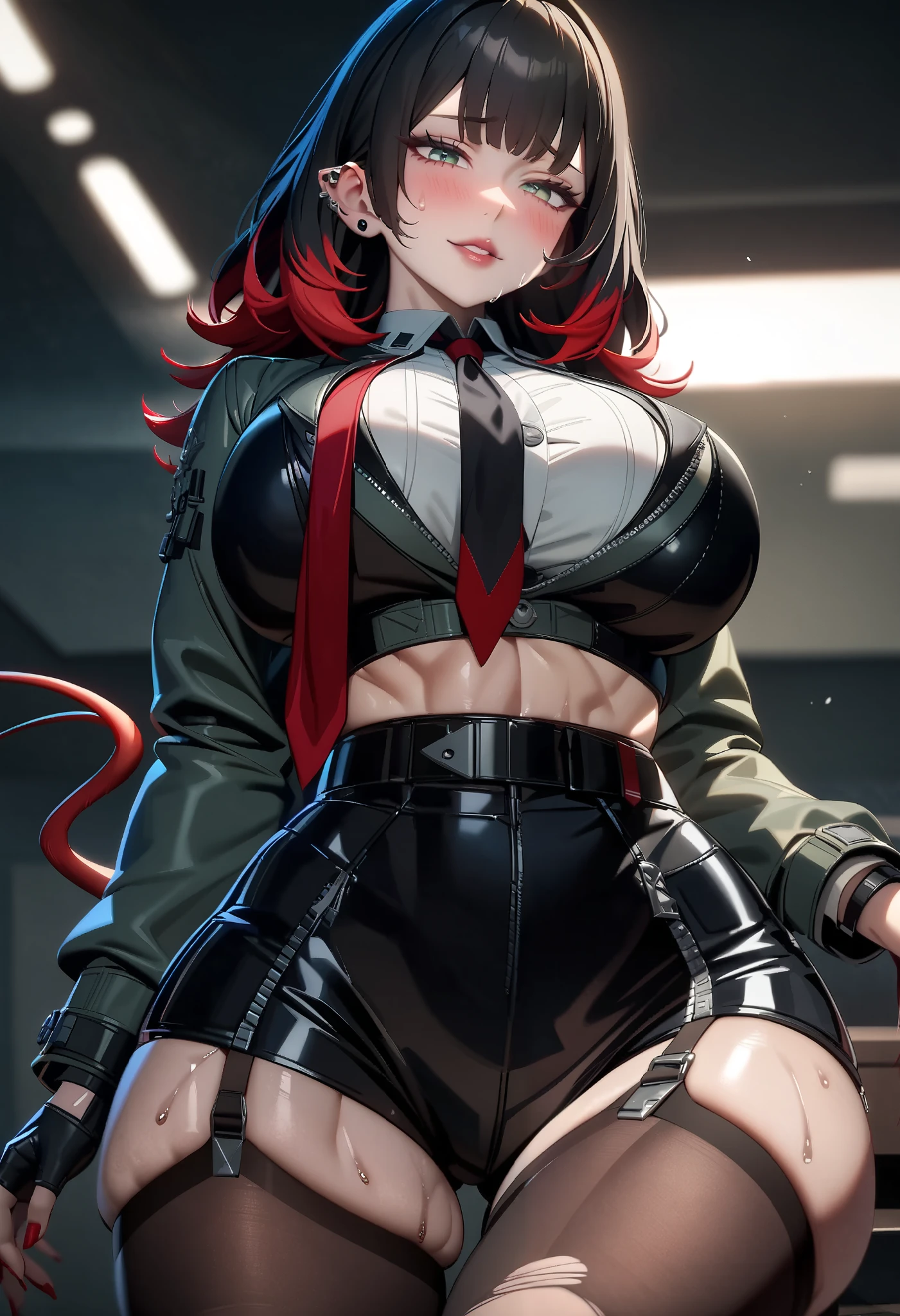 masterpiece:1.5, best quality:1.5, aesthetic, 1girl, cinematic lighting, sharp focus,large breasts , mature female, horny ,16k, glowing eyes, detailed 4k eyes,seduction,sexy lips, parted lips,detailed lips, high detailed background, detailed face,shiny skin,jane doe_(zenless zone zero), blurry foreground,ray tracing,lens flare,absurdres,solo,adult, KJOjane, long hair, black hair, aqua eyes, blunt bangs, tail, mouse ears, animal ears, multicolored hair, red colored tips, thigh gap, red nails, nail polish, mouse tail, green-grey eyes, femme fatale look, cunning look, singular visible back tied red streak, seductive smile,blush, shiny skin,sweaty,large breasts,thighs,legs, shirt,black hair,thighhighs,long sleeves,green eyes,jacket,tail,pantyhose,red hair,necktie,black gloves,belt,fingerless gloves,ear piercing,gloves,open jacket,fingernails,neckerchief,torn clothes,fur trim,black shorts,red necktie,zipper,grey jacket,fur-trimmed jacket,zipper pull tab,torn pantyhose,torn thighhighs,high-waist shorts,torn, cropped jacket, crop top, garter straps, single left thighhigh, pantyhose under shorts, shorts, green-gray jacket, short necktie, black necktie, short shorts, single garter strap, beautiful lighting,beautiful shadows, perfect anatomy,perfect body,mature body, fit body, Beautiful face, Perfect face, Highly detailed beautiful face and eyes, crystal teal eyes color, long eyelashes Attractive eyes, Attractive eye expression, seductive eye expression, seductive gaze at the viewer, beautiful detailed hair, Attractive hair, glossy lips, full lips, attractive lips, tinted lips, Attractive face, Detailed face, Delicate facial features, Detailed skin, skin blush, glossy skin, Huge breasts, toned breasts, Attractive breasts, toned body, fit body, Close-up face, bedroom, Low-angle view, Looking down, Hetero, Big bulge in pants, Sitting on male, Spread legs, Leaning forward