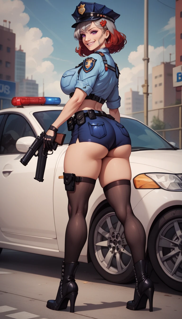 masterpiece, best quality, hyper detailed, good anatomy, perfect anatomy,(cowboy shot,looking at viewer,low angle,plump body,:1.35),dark skin girl,naughty eyes,curly_twin tails blonde hair, female police officer's blue uniform,police_cap,mini skirt,large breasts,road,shiny skin,smirk,skin tight,black high heels, very aesthetic, 