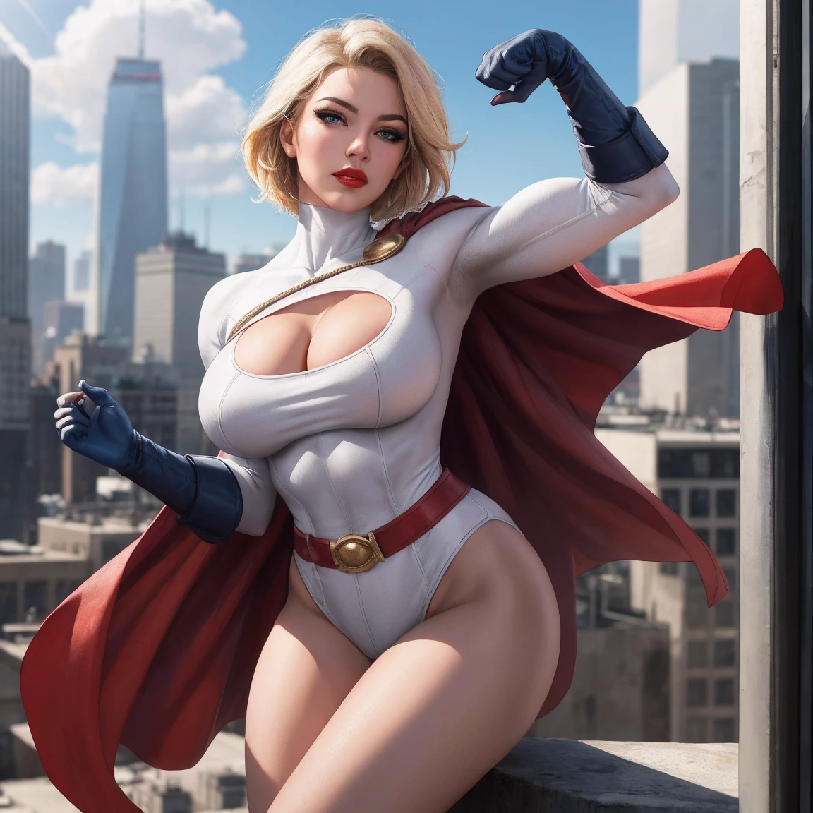 mix4, (8k, RAW photo, best quality, masterpiece:1.2), (realistic, photo-realistic:1.37), ((1girl)), cute, , slim, smiling, ((powergirl, dc, red cape)), cityscape, metropolis, daily planet in background, night, professional lighting, photon mapping, radiosity, physically-based rendering, full body, dynamic pose, moving, wearing a ((thick white skintight leather superhero outfit, logo on chest cleavage spilling over)) ((large breasts:1)), (cameloe), Covered breasts, Cleavage