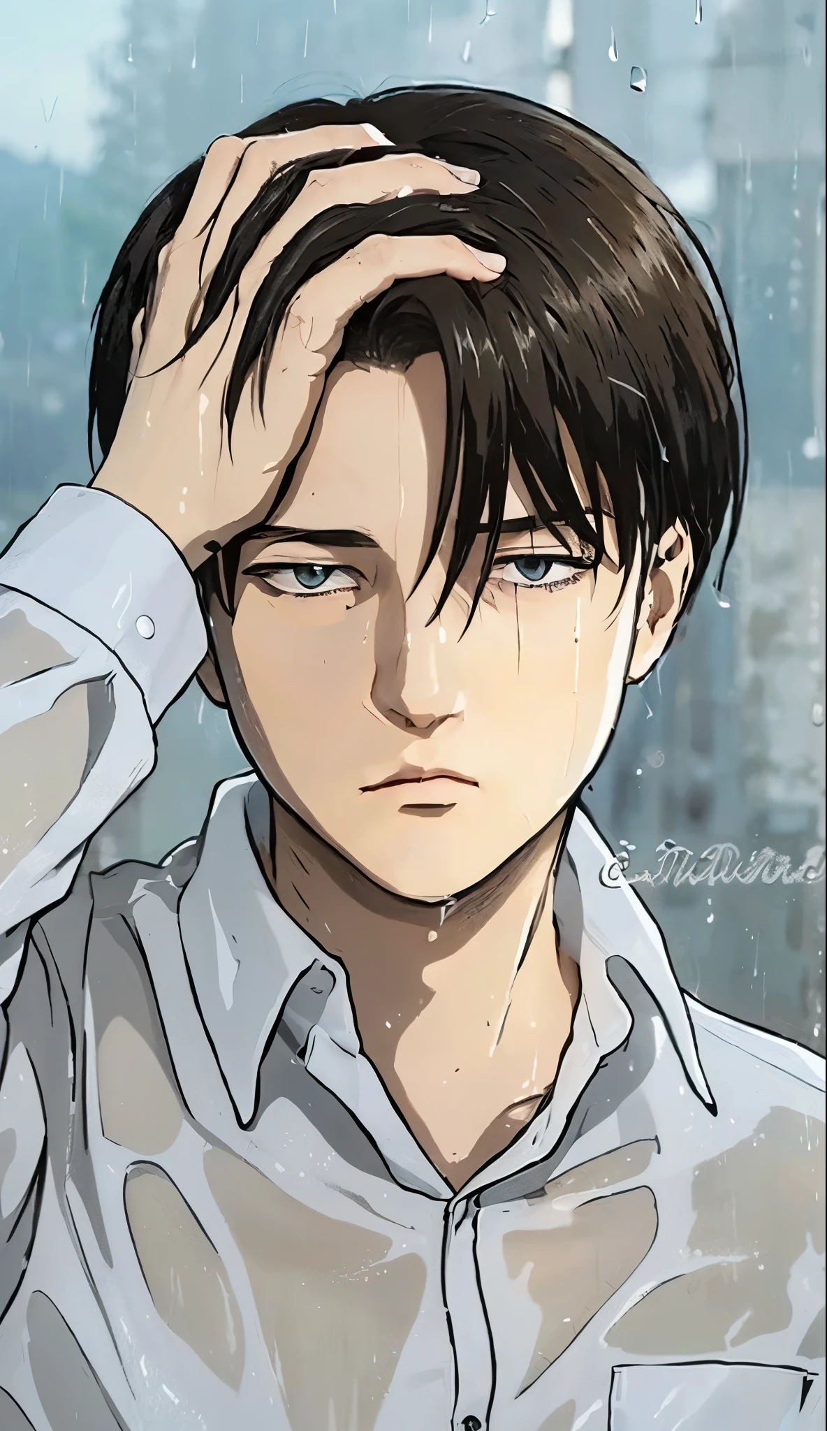 A young man with short, dark hair stands in the rain, his expression a mix of sadness and contemplation. He wears a light, semi-transparent, white button-down shirt that clings to his body, soaked through by the downpour. Raindrops cascade down his face and hair, blending with the tears streaming down his cheeks. His right hand is raised to his forehead, fingers slightly tangled in his wet hair, as if he's trying to process a difficult thought or emotion. The background is a blurred, muted blue-gray, suggesting a rainy, overcast sky or a cityscape obscured by the rain. The overall mood is melancholic and introspective, with the rain serving as a metaphor for his emotional state. The lighting is soft and diffused, with a slight highlight on his face and shirt, emphasizing the wetness and the emotional weight of the scene. The art style is anime-inspired, with detailed line work and shading that adds depth and realism to the character's expression and the rain-soaked environment.