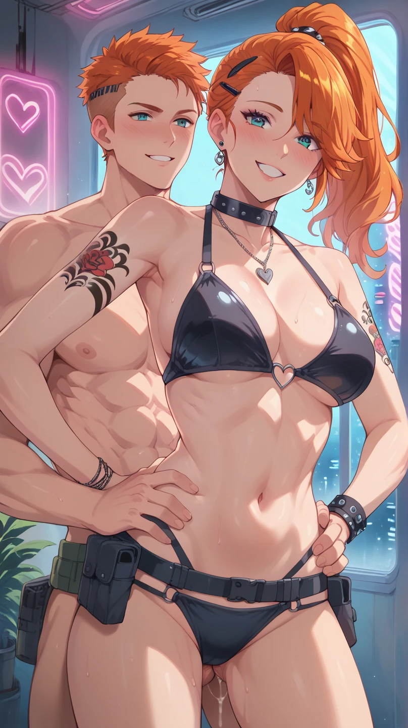 Maki nishikino,love live,highres,red hair , purple eyes,blush ,breasts , yellow criss-cross halter ,hair between eyes ,half-closed eyes ,head tilt,looking at viewer , leather pants, covered erect nipples ,standing,white background , smile ,navel slip, crotch ,1man hug from behind, breasts grab