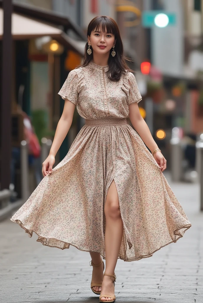 21yo girl, beautiful, brown bob hair, (glasses on head), (wearing floral motif dress), (wearing high heels), long dress, natural big breast, plumpy body, in london street 90s, modern cinematic lighting, ray tracing, drop shadow wide shot UHD, textured skin, high details, best quality 4K, jumping pose, looks graceful, Grunge style create a photo realistic image that the viewer has never envisioned before,the image should demonstrate extreme creativity,imaginative,bold,inspiring,original in subject,original in style,amazing composition,intricately detailed,absurdly complex.