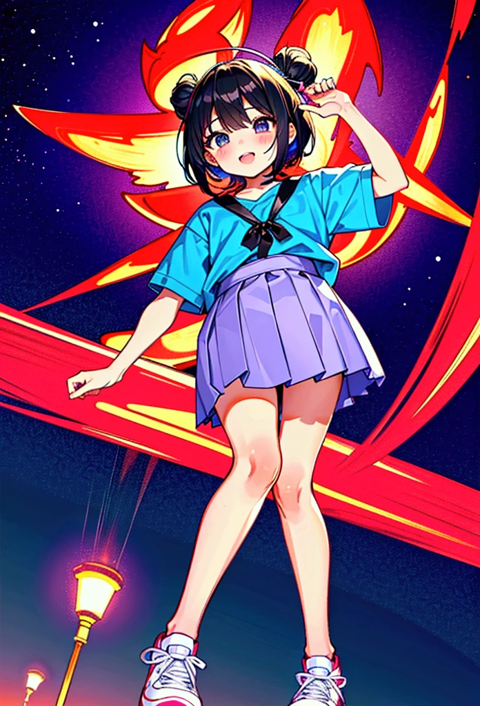drawing style, Lifted skirt no panties show the pussy , image angle from bottom to top, starry sky background
