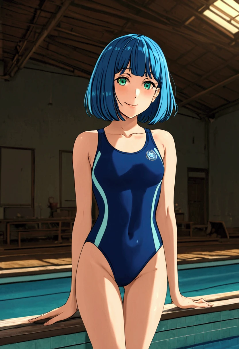 ((Embarrassing)), ((Put your hands on your chest)), ((Slouched)), 1 Whole body of a girl, elvish, ((silber hair)), Red Eyes, bob cuts, Braided hair, ((School swim wear)), One Piece Swimsuit, Navy blue swimsuit, Outdoor pool, slim figure, speculum, gender change, concept-art, beautiful anime scene, Beautiful anime scenery, top-quality, masterpiece