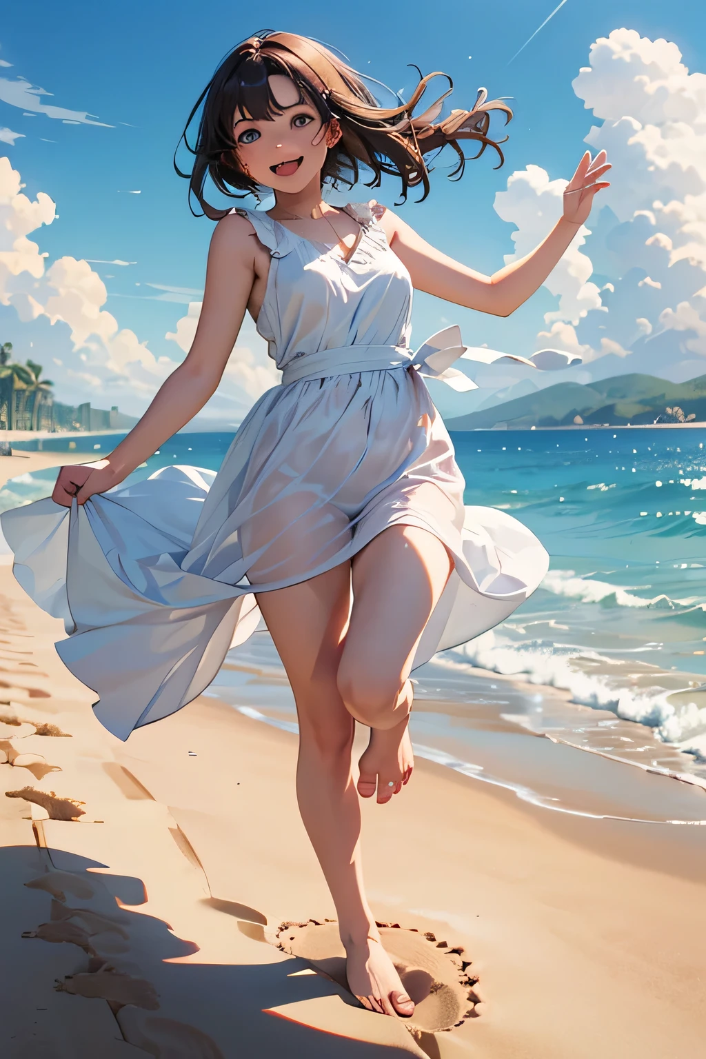 best quality、 high resolution、( high definition:1.2)、masterpiece、 detailed background、(Highly detailed faces:1.4)、 anatomically correct、( detailed eyes:1.2)、age beauty、( big size:1.3)、 perfect body line、 brightly colored hair color 、 sense of openness 、A refreshing feeling of happiness、A summer day with an endless blue sky、 Bota Interval、Her figure is like a painting that has captured a moment in summer、
(A barefoot girl runs around innocently, leaving footprints in the sand:1.5)、
The gentle sounds of waves echo on the beach、The wind gently ruffles her hair、The hem of her white dress flutters gently with the waves、Every time the cool seawater sweeps over her feet、She laughs out loud、She shows a crystal clear smile、The bright sunlight reflects off the water、Her silhouette stands out vividly