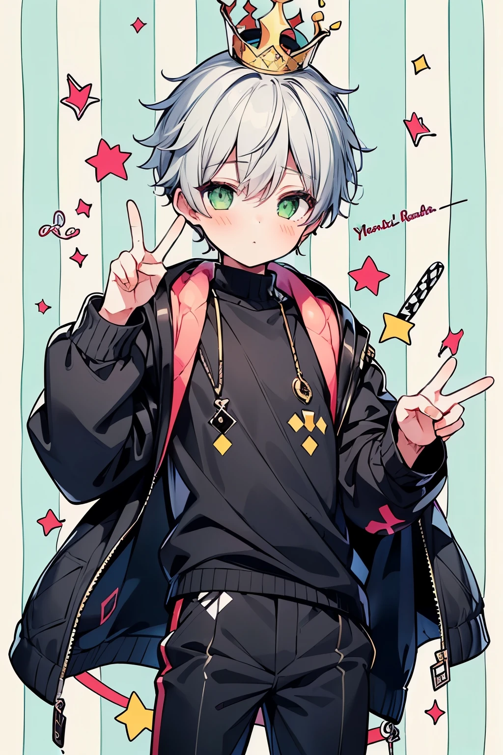 ((1-boy:1.5)),((gay:1.3)),((男:1.2)),照れ顔,(( mark:1.0)),(knee length puffer jacket:1.0),(crown:1.25),バイオレッド hair,green eyes,((Checker pattern background:1.3)),(NSFW:0.5),((peace sign:1.0)),((dark skined BODY:1.5)),