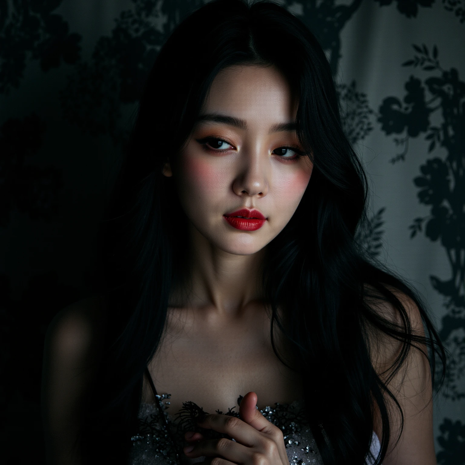 Ultra realistic picture,18-year-old Chinese girl,long black wavy hair,Gothic,sweet,Girly feeling,Cinematic feel