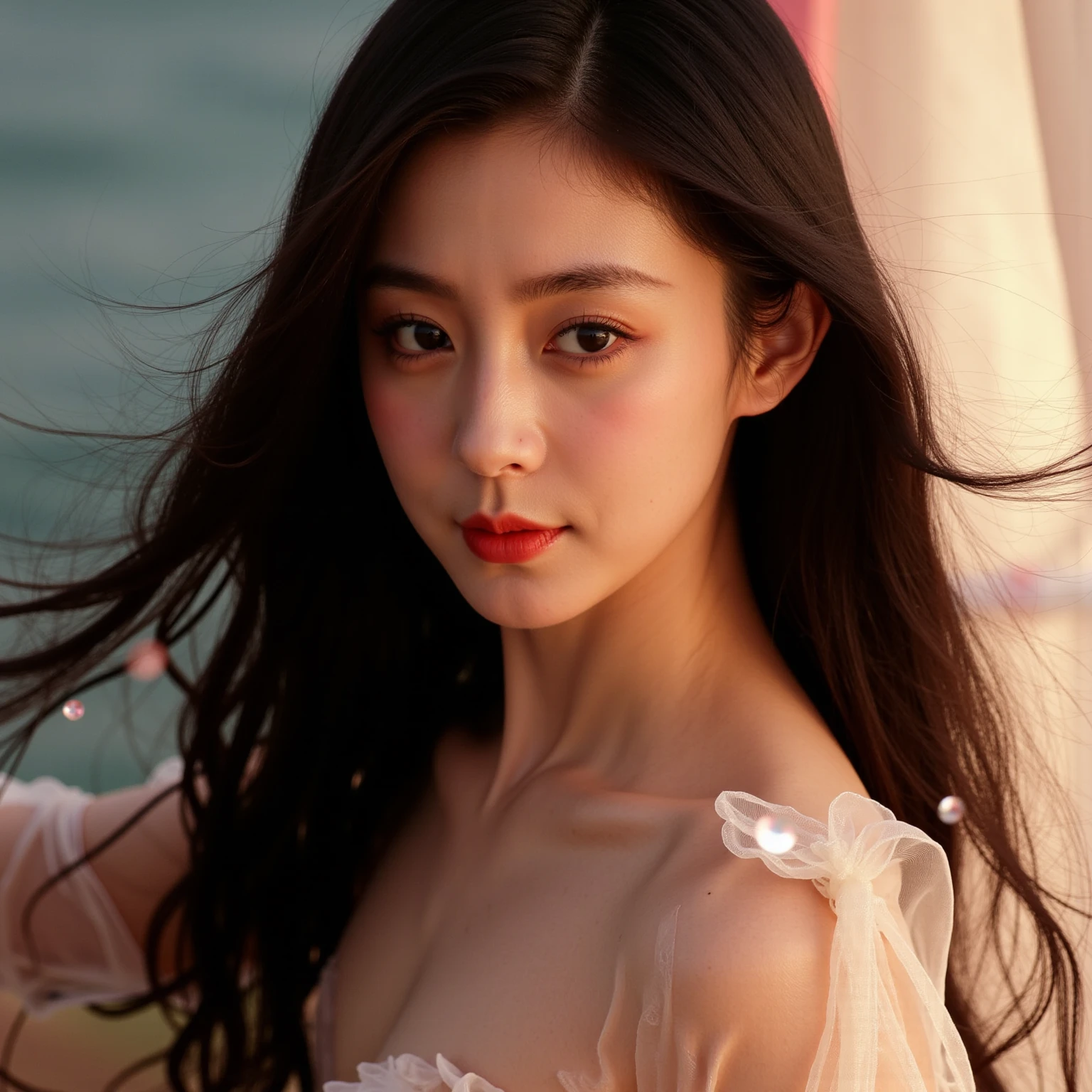 Ultra realistic picture，18-year-old Chinese girl，long black wavy hair，sweet，Girly feeling，Cinematic feel