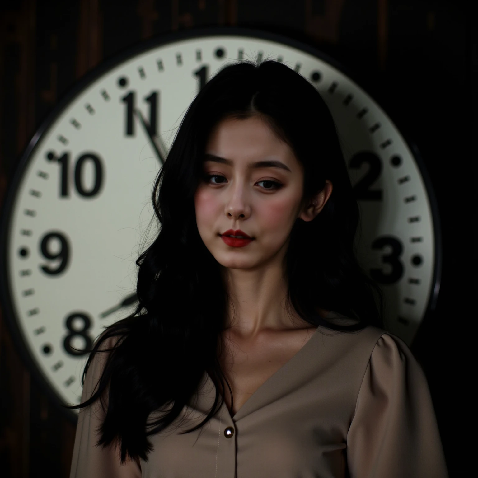 Ultra realistic picture,18-year-old Chinese girl,Idols,long black wavy hair,sweet,Girly feeling, The hands of the clock seemed extremely heavy ,The surrounding darkness seemed depressing , The picture slowly rotates ,It creates a feeling of being unable to escape,Cinematic feel