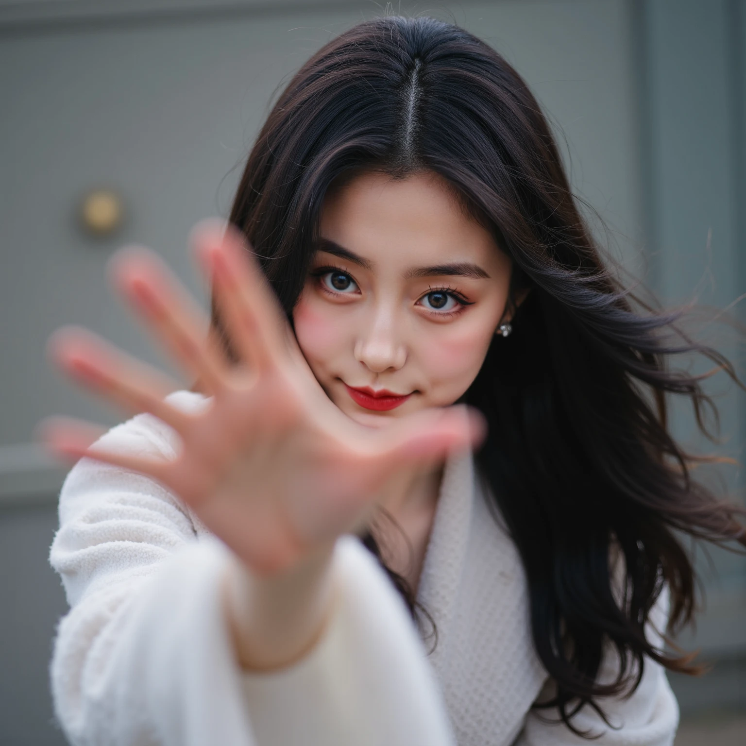 Ultra realistic picture,18-year-old Chinese girl,Idols,long black wavy hair,sweet,Girly feeling,Cinematic feel, every movement of the hand appears slow and powerful , as if fighting against some kind of intangible obstacle in the air。 The camera shakes slightly as the hand stretches ,An emotional struggle