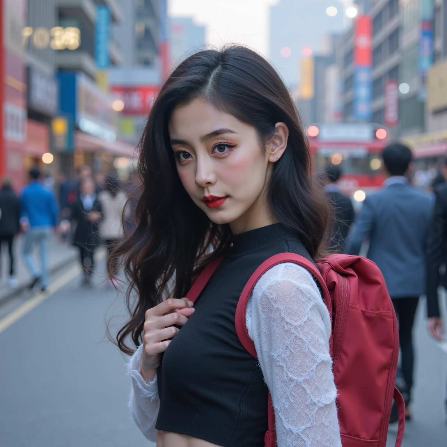 Ultra realistic picture,18-year-old Chinese girl,Idols,long black wavy hair,sweet,Girly feeling,Cinematic feel, and her silence,The background is blurred out,The heroine's background, lonely and alienated ,, was in stark contrast to the hustle and bustle of the city