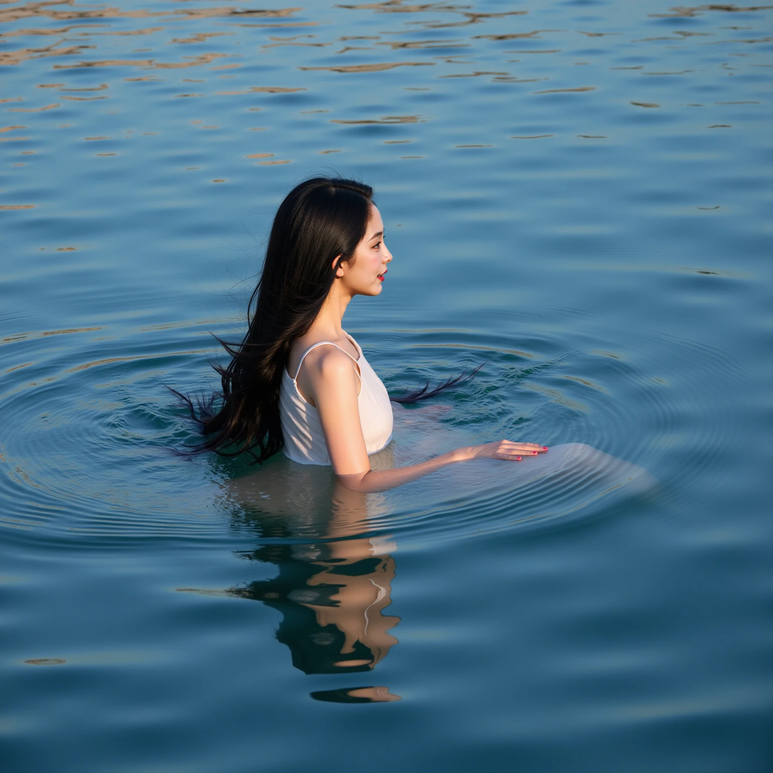 Ultra realistic picture,18-year-old Chinese girl,Idols,long black wavy hair,sweet,Girly feeling,Cinematic feel,The surface of the water ripples gently,The reflection of the clouds moves slightly with the waves , shows a profound sense of symbolism 。 The fluctuation of the water shows the emotional fluctuations in the heroine's heart, and unease hidden in the serenity