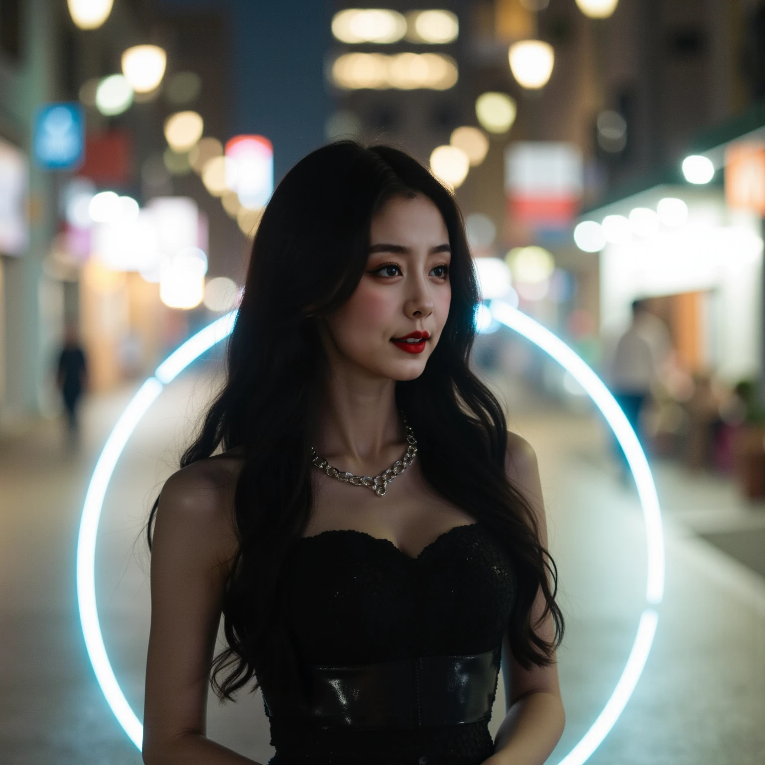 Ultra realistic picture,18-year-old Chinese girl,Idols,long black wavy hair,sweet,Girly feeling,Cinematic feel, The heroine stands on an empty street , The light forms a circle of light around her , and the outline of her body is blurry 。The camera surrounds her , showing her sense of isolation in an empty city {x}