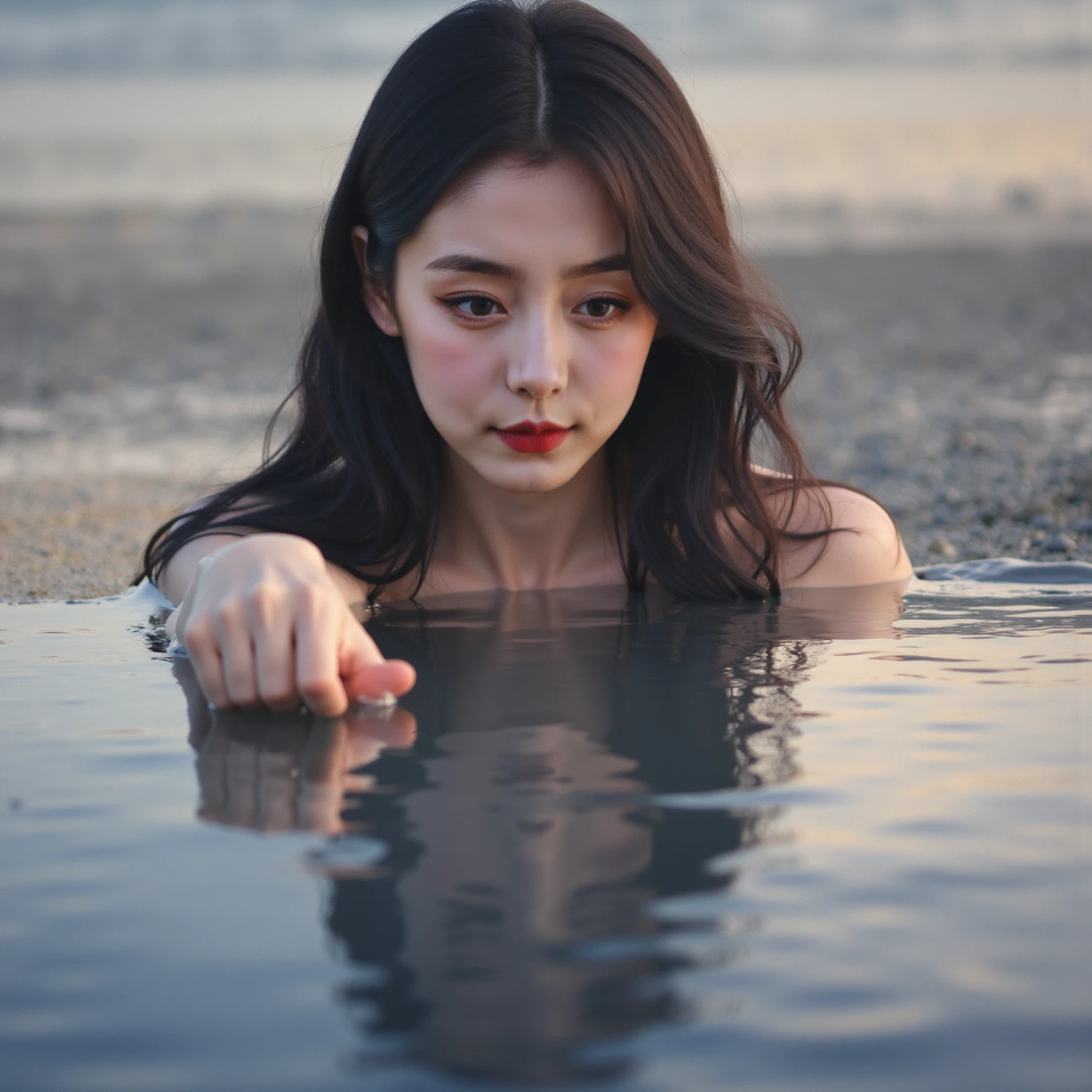 Ultra realistic picture，18-year-old Chinese girl，Idols，long black wavy hair，sweet，Girly feeling，Cinematic feel， The heroine's finger touched the surface of the water ， and ripples occurred on the surface of the water ，The reflection was quickly broken 。 Her finger slowly glided in the water ， A kind of untouchable sorrow filled the air