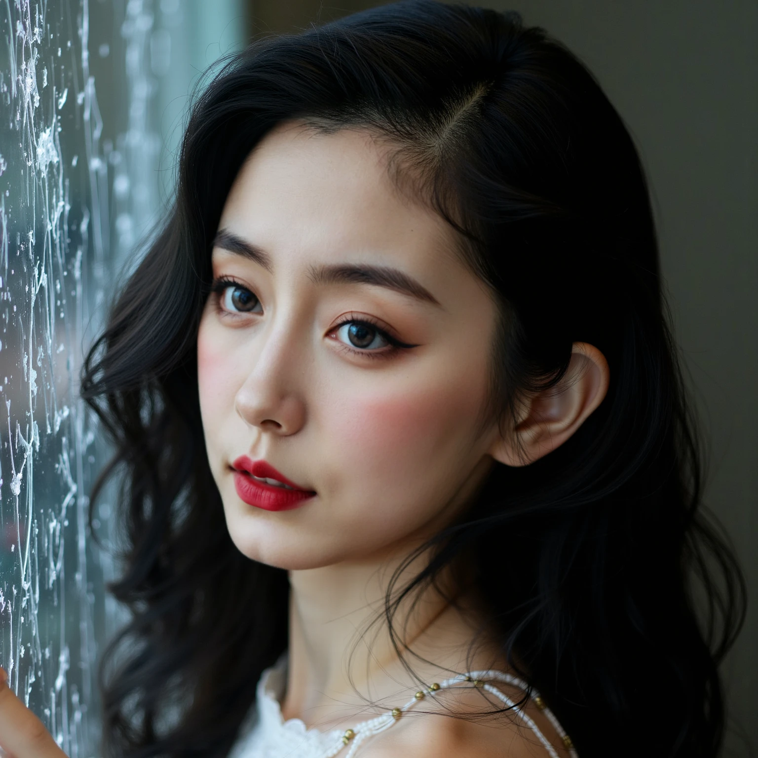 Ultra realistic picture,18-year-old Chinese girl,Idols,long black wavy hair,sweet,Girly feeling,Cinematic feel, The lens tightly locks the broken glass ,The edge of the fragment is sharp , The light shines through the glass, to form an irregular light spot