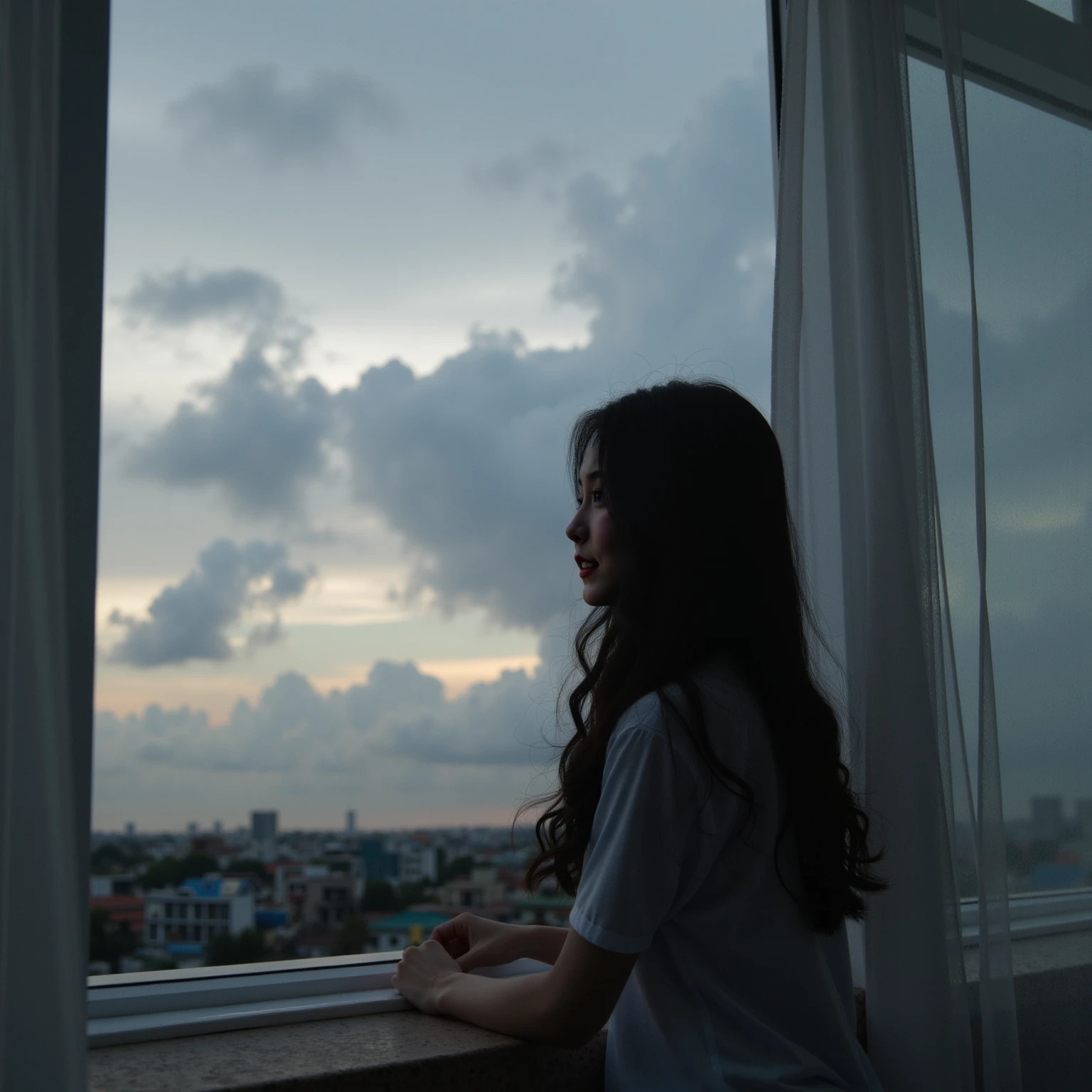 Ultra realistic picture，18-year-old Chinese girl，Idols，long black wavy hair，sweet，Girly feeling，Cinematic lens through the window， The sky outside is depressed by the clouds， has a strong sense of contrast 。The dark clouds keep moving ， blocking some light ，Bringing emotion to the picture