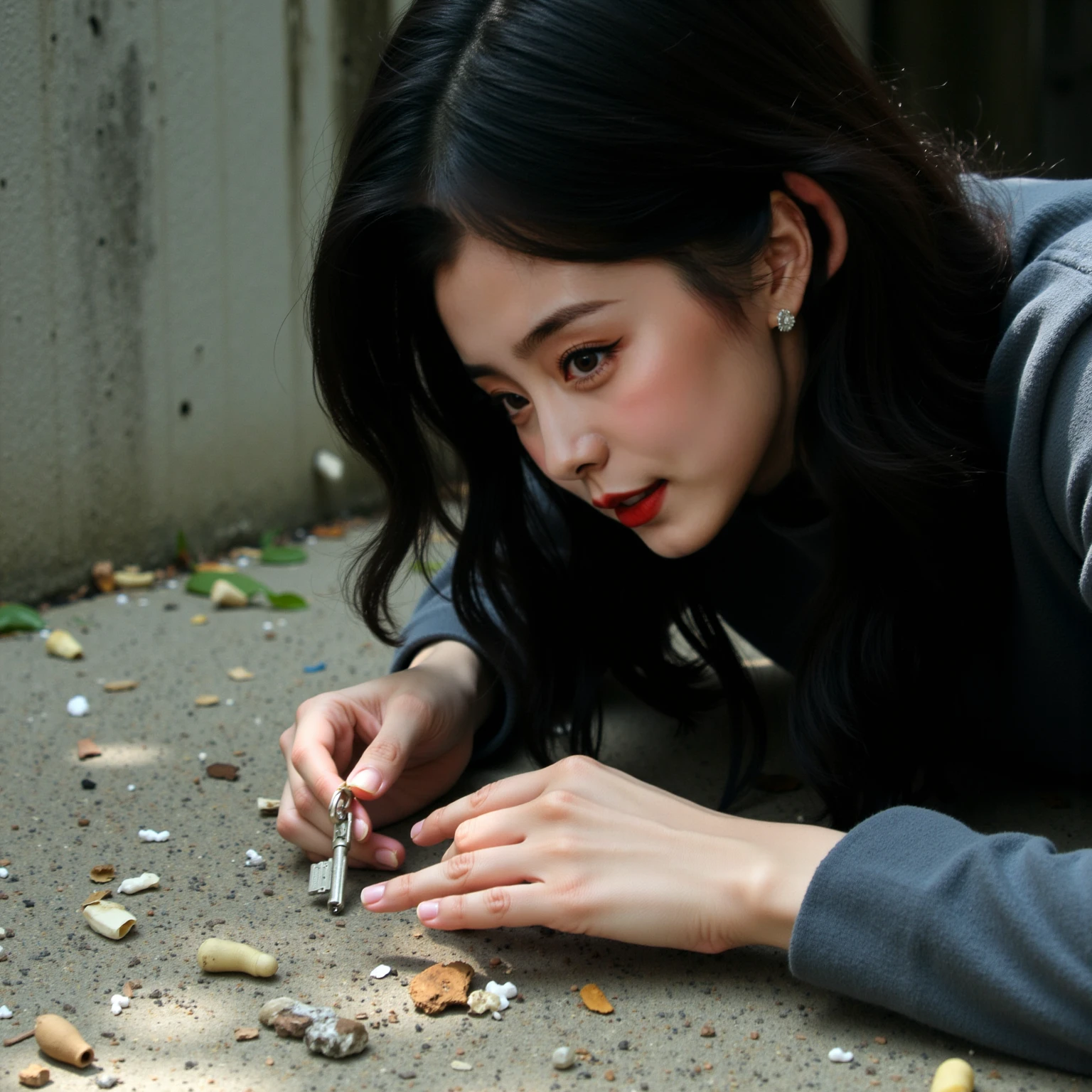 Ultra realistic picture，18-year-old Chinese girl，Idols，long black wavy hair，sweet，Girly feeling，Cinematic feel， The lens is focused on the key on the ground ， The surface of the key is covered with scratches ， looks like it can't open anything anymore 。Surrounded by scattered debris ， represents something lost or unrecoverable