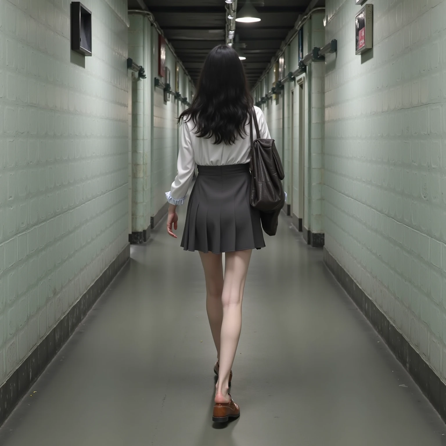 Ultra realistic picture，18-year-old Chinese girl，Idols，long black wavy hair，sweet，Girly feeling，Cinematic heroine walks alone in the hallway，The figure gradually became smaller ， The surrounding area was empty and silent 。 Her footsteps echoed in an empty space