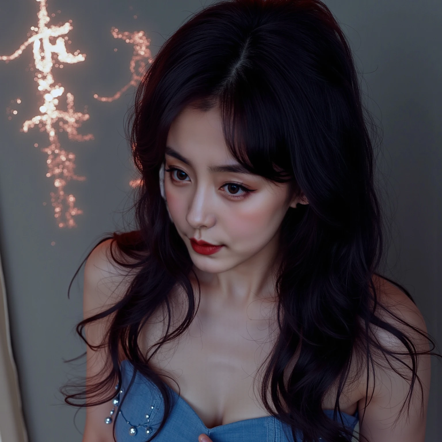 Ultra realistic picture,18-year-old Chinese girl,Idols,long black wavy hair,sweet,Girly feeling,Cinematic feel,The color blocks are distorted and changed ,The light and shadow are intricate, The picture is constantly changing ,Symbolizes the heroine's inner unease and struggle