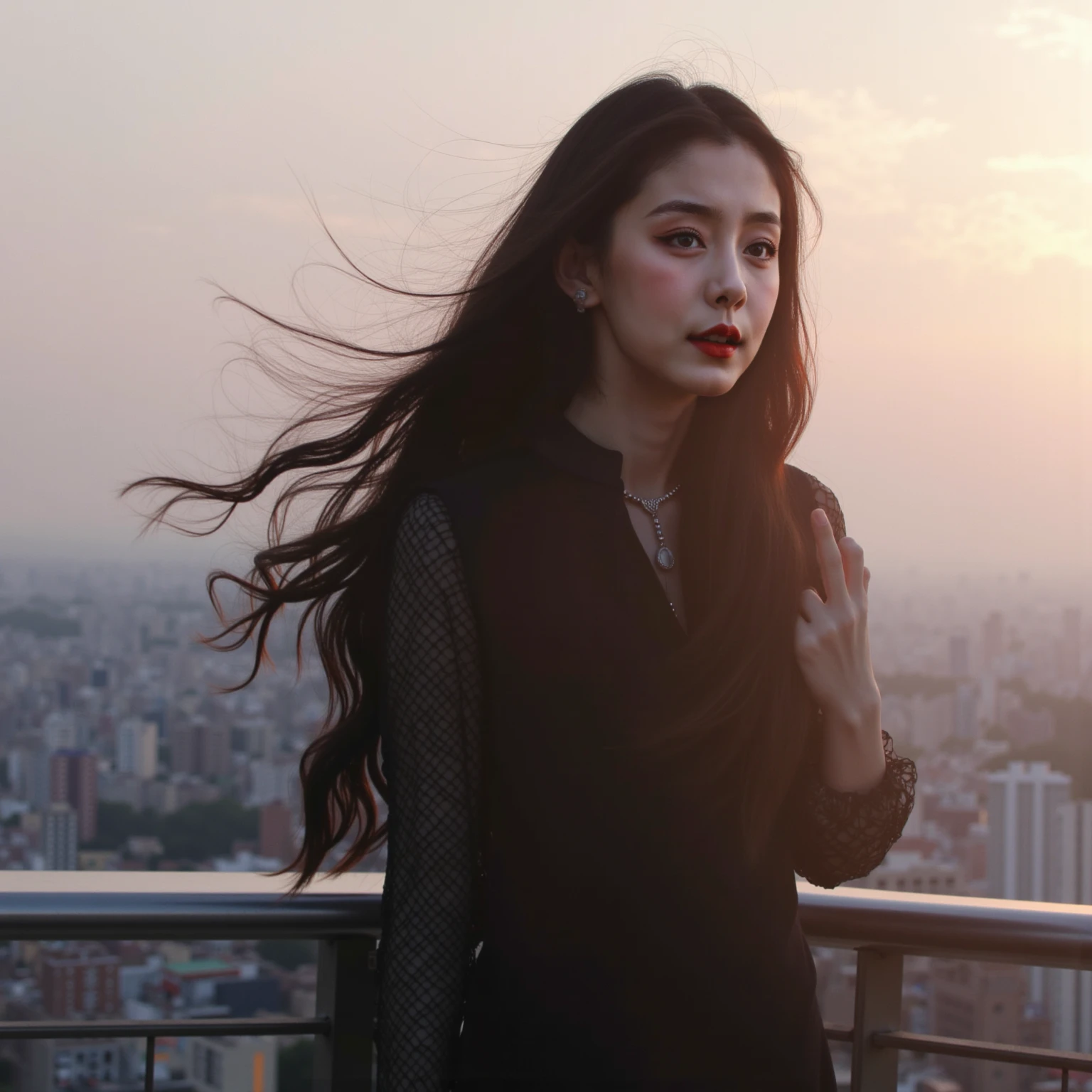 Ultra realistic picture,18-year-old Chinese girl,Idols,long black wavy hair,sweet,Girly feeling,Cinematic feel,The heroine is still standing , The city and sky in the background slowly regained serenity, The light illuminates her silhouette , creating an atmosphere of gradual recovery
