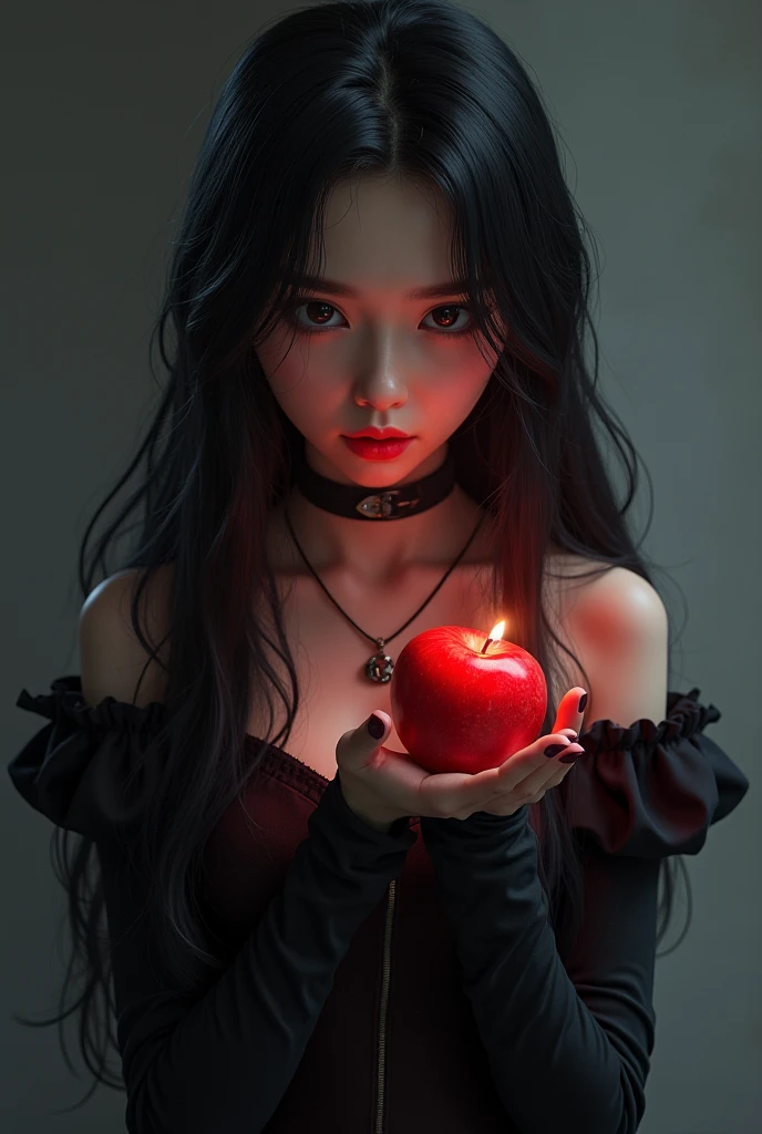 ((RAW photos)，Absurd ，(Absurd 分辨率))，Masterpiece ，Best quality，( extremely detailed 8k unity CG wallpaper)，(Most Best Illustration)，(best shadow)，Realistic lighting，Beautiful and detailed brilliance ，((21yo))，girl，longblackhair，Black Queen，Accessories，Hold an apple，Poison apples，Witch Queen，red lipsticks，(((Her photography perspective)))