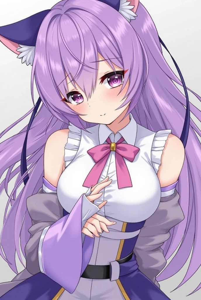 animemanga girl,  purple cat ears ,  long hair,  Beautiful outfit ,  guvez style  , 4K resolution  ,  cgstation pop ,  Beautiful outfit ,  Seductive girl , Attractive,   genshin keru  , style of anime, 8 thousand,   antique building  {x}  pretty anime woman,  Girl Front .
