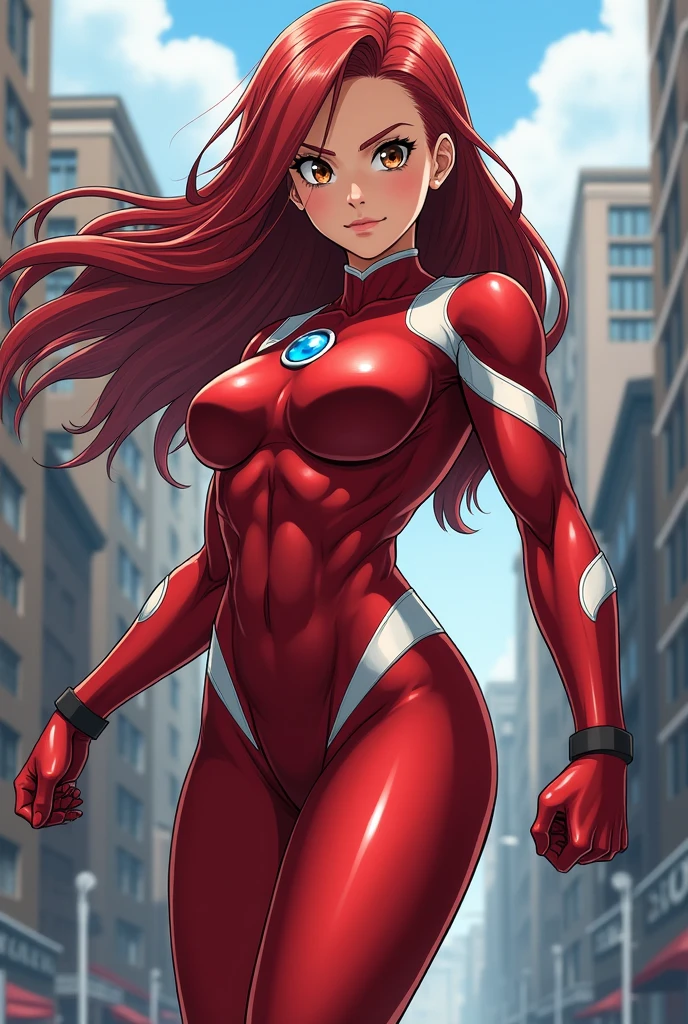 a giant woman in a busted and ripped red bodysuit, (((massive female bodybuilder))), massive breasts, bright red hair, Emma Watson inspired face, seductive girl, oppai, badass anime 8 k, oppai, extremely detailed artgerm, beautiful alluring anime woman, best anime 4k konachan wallpaper, anime cover, 4k anime wallpaper, anime style 4 k