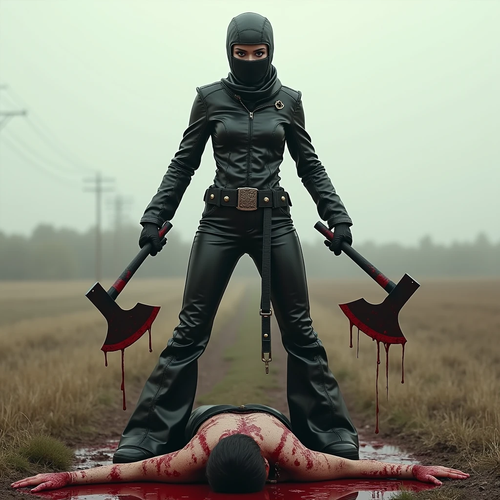 korean naked girl, (behind corpse, surgical mask), holding knife, stabbing, leather gloves, tunnel full of blood, bucket hat, holding knife, leather gloves, behind corpse, blood splatter, very long hair, night, mass murderer, robbery, in the house, dark atmosphere, cinematic lighting, atmospheric realistic,
