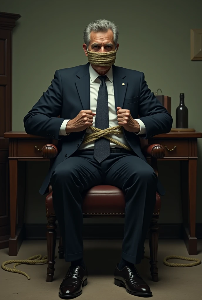 A Korean suit man tied up blindfold on chair dick