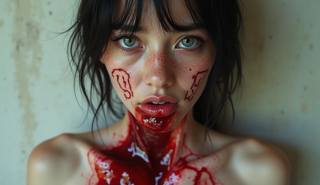 Realistic young woman with black lips dark brown skin mahogany hair bleeding in the dark black breasts nude full body